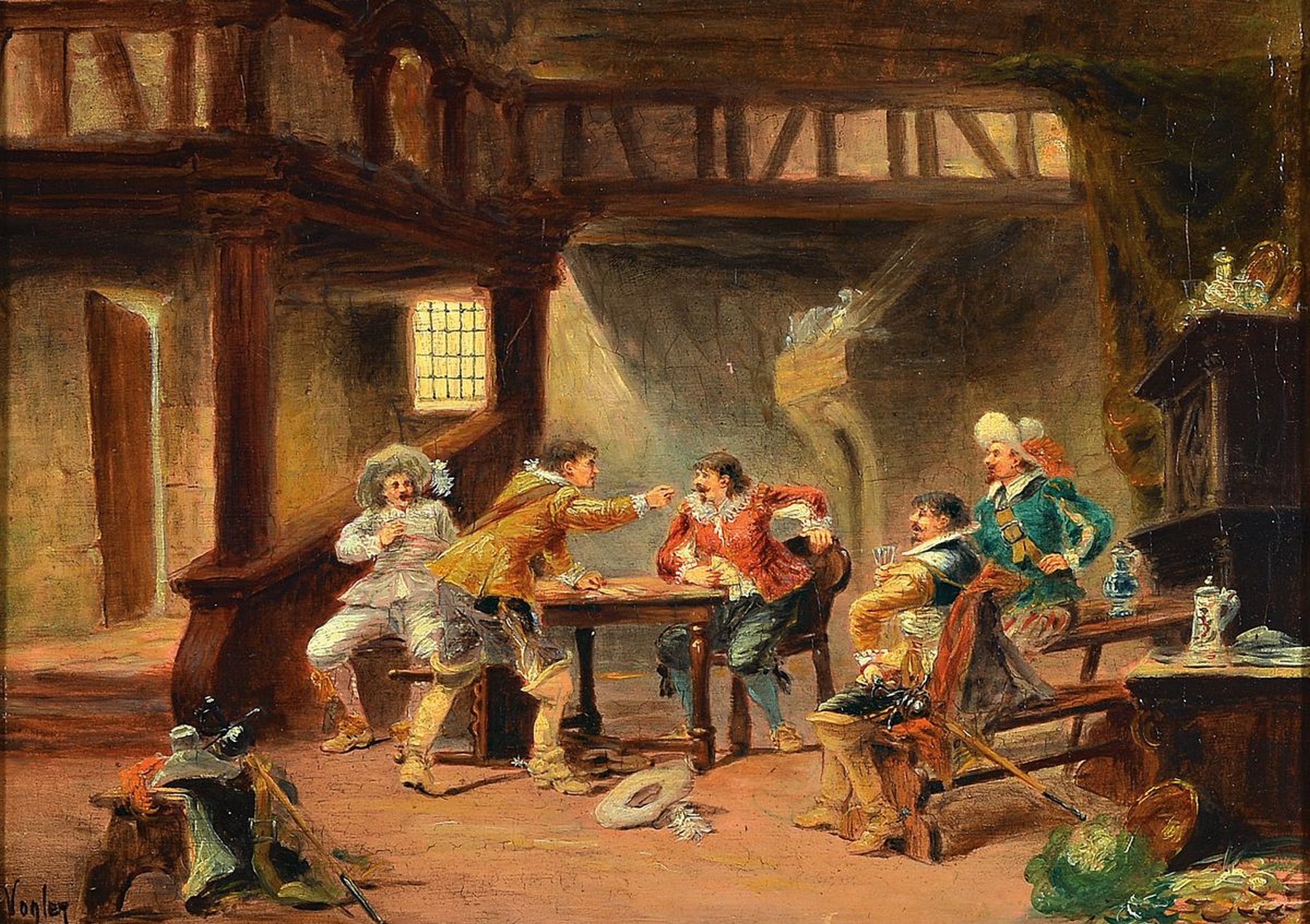 Detail c: Paul Vogler, 1852 Paris-1904 Verneuil-sur-Avre, 2 Pendants; Landknechte in der Gaststube und Landsknechte beim Aufteilen der Beute, beide Öl/Holz, ...