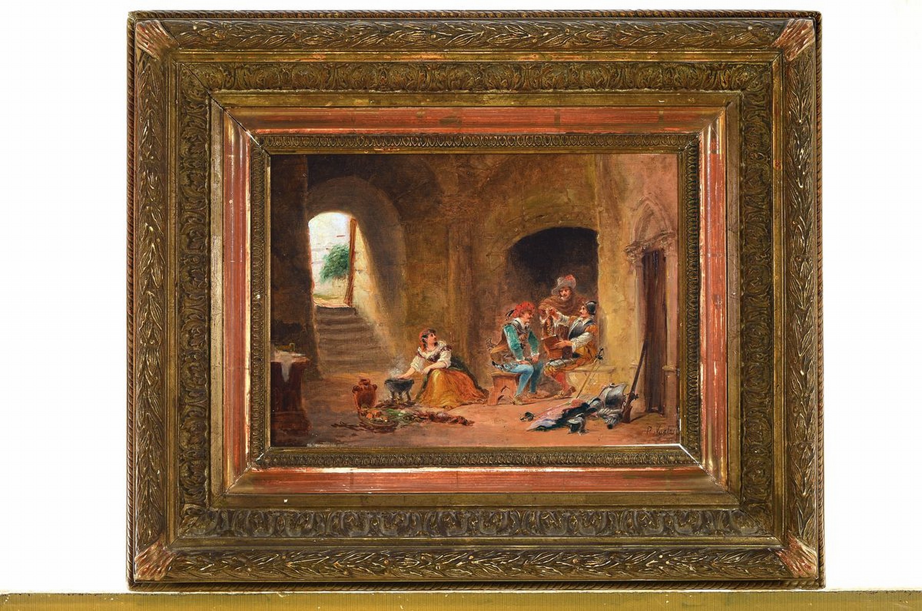Detail k: Paul Vogler, 1852 Paris-1904 Verneuil-sur-Avre, 2 Pendants; Landknechte in der Gaststube und Landsknechte beim Aufteilen der Beute, beide Öl/Holz, ...