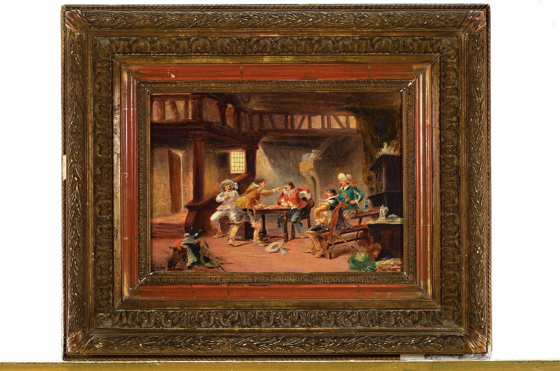 Detail n: Paul Vogler, 1852 Paris-1904 Verneuil-sur-Avre, 2 Pendants; Landknechte in der Gaststube und Landsknechte beim Aufteilen der Beute, beide Öl/Holz, ...