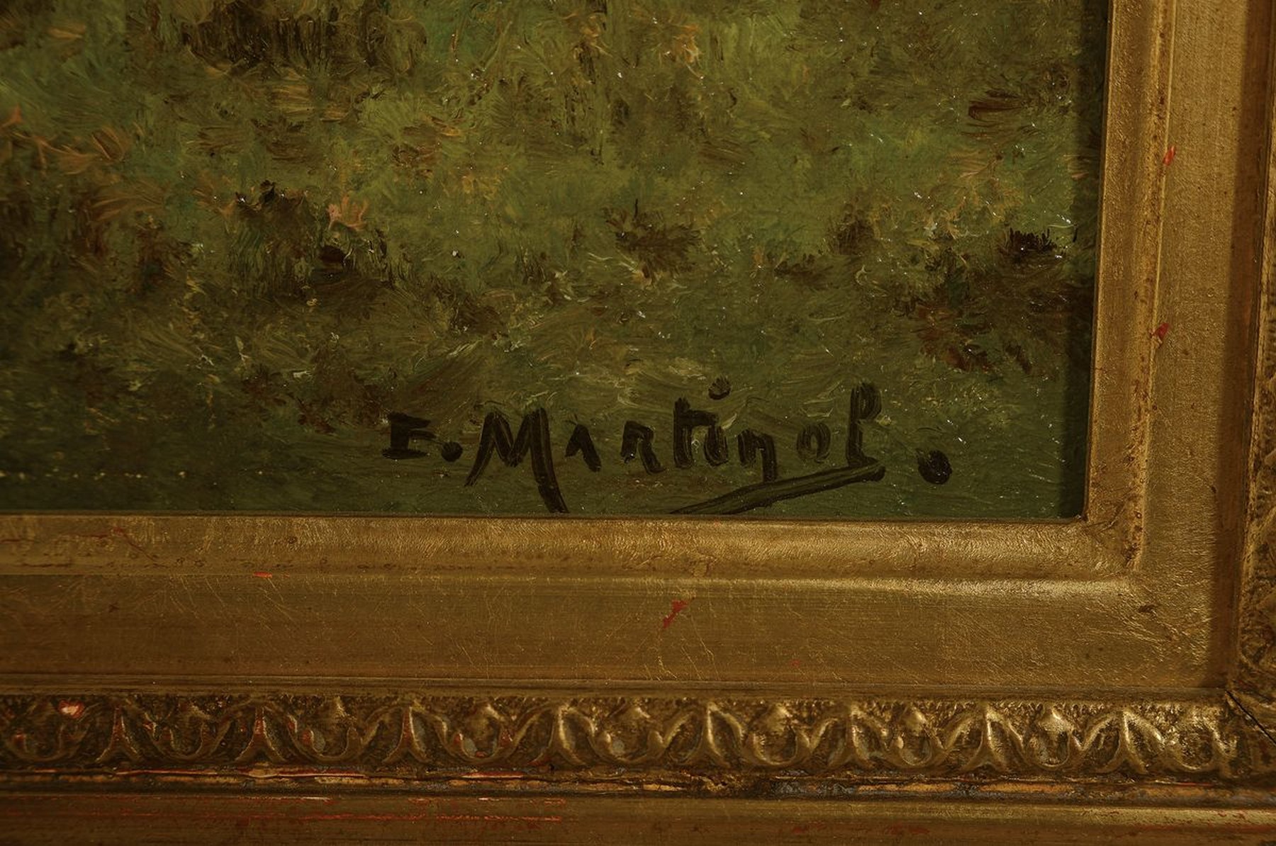 Detail a: E. Martinol, frz. Maler um 1900, Abendstimmung über einer Landschaft mit munterem Bachlauf und einem Dorf im Hintergrund, Öl/Lwd, rechts unten ...