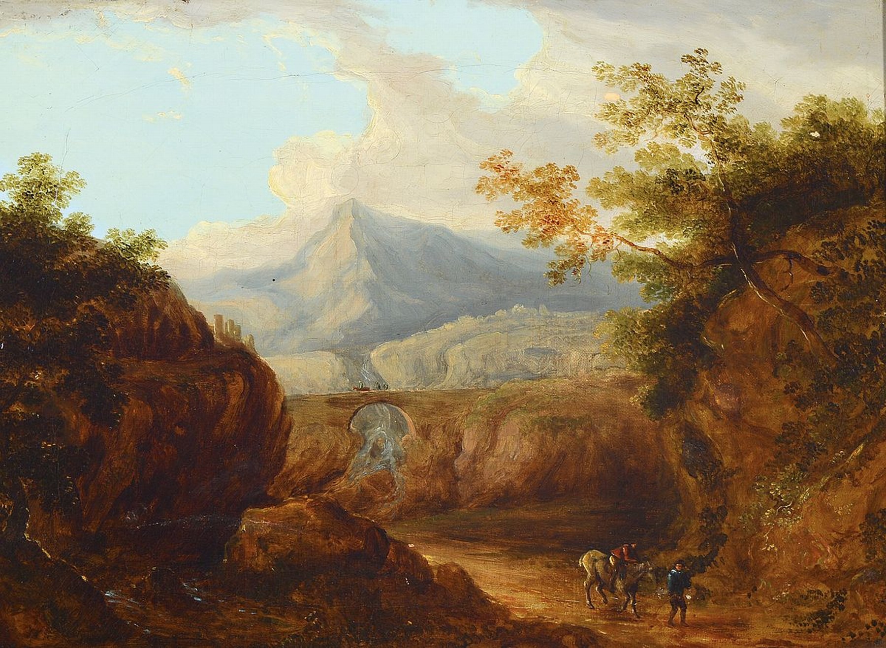 Unbekannter Maler, um 1860, Spätromantik, weite Landschaft mit Reitern auf und unter einer Brücke, Öl/Lwd, unsigniert, rückseitig auf der Lwd ...