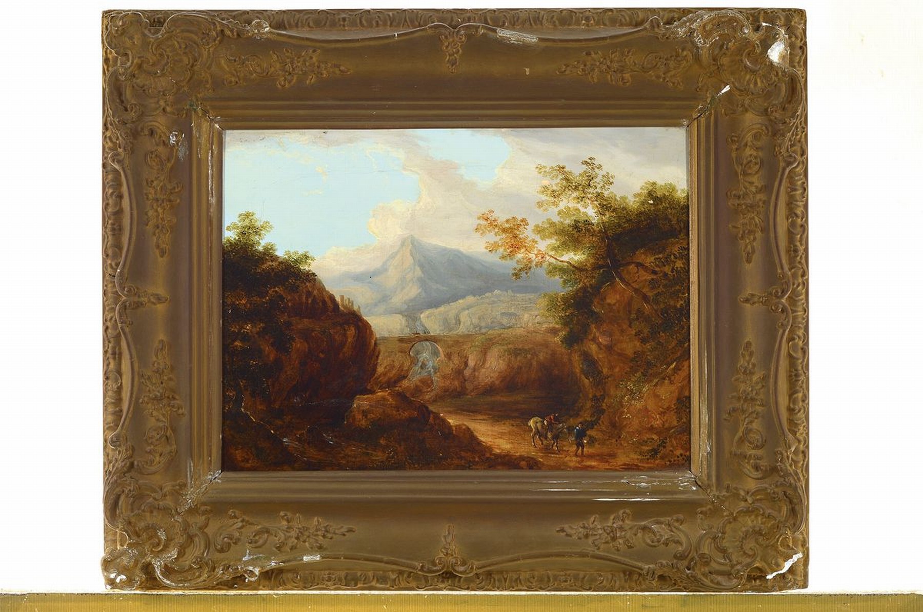 Detail k: Unbekannter Maler, um 1860, Spätromantik, weite Landschaft mit Reitern auf und unter einer Brücke, Öl/Lwd, unsigniert, rückseitig auf der Lwd ...
