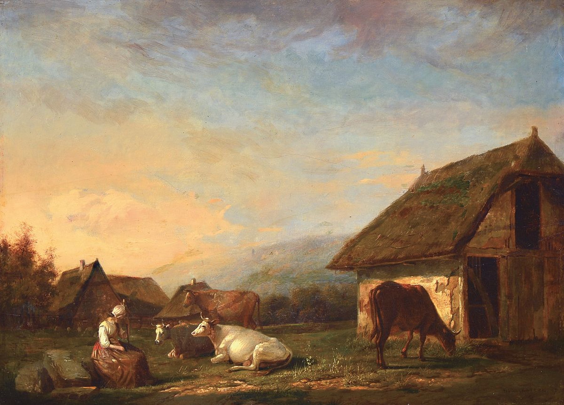 Henri de Pratere, 1815-1890 Courtrai/ Kortrijk, Hütemädchen mit Kühen vor einem Bauerngehöft, Öl/Holz, parkettiert wegen seitlicher ...