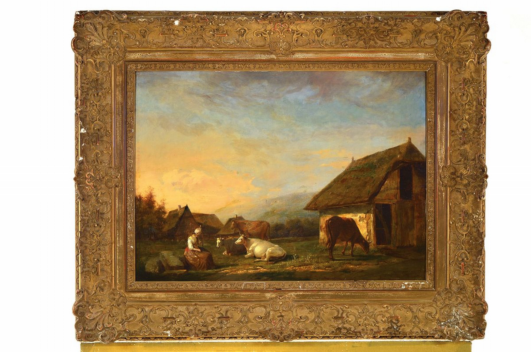 Detail k: Henri de Pratere, 1815-1890 Courtrai/ Kortrijk, Hütemädchen mit Kühen vor einem Bauerngehöft, Öl/Holz, parkettiert wegen seitlicher ...