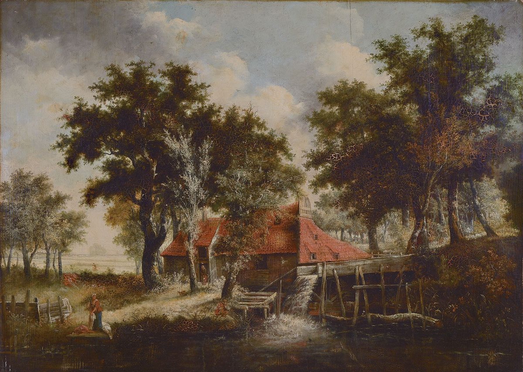 Unbekannter Meister in der Nachfolge des Meindert Hobbema (1638-1709), 18. Jh., Wassermühle und Wäscherin am Ufer, Öl/Holz, parkettiert, rest., ...