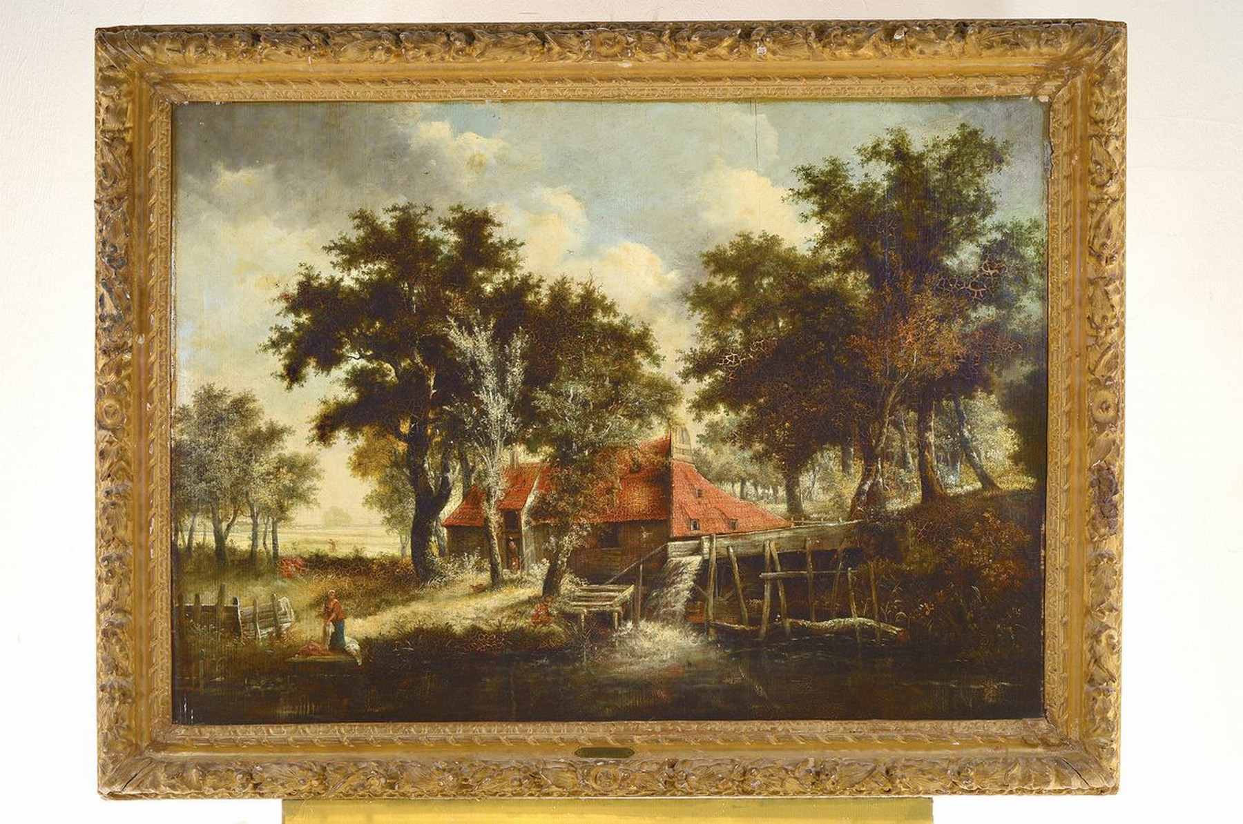 Detail k: Unbekannter Meister in der Nachfolge des Meindert Hobbema (1638-1709), 18. Jh., Wassermühle und Wäscherin am Ufer, Öl/Holz, parkettiert, rest., ...