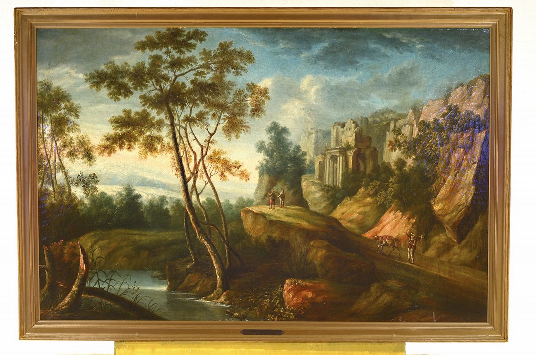 Detail k: Zuschreibung: Willem de Heusch, 1625-1692 Utrecht, zwei Männer blicken von einer Felsklippe in die weite Landschaft, auf dem Weg ein Mann mit Esel, ...