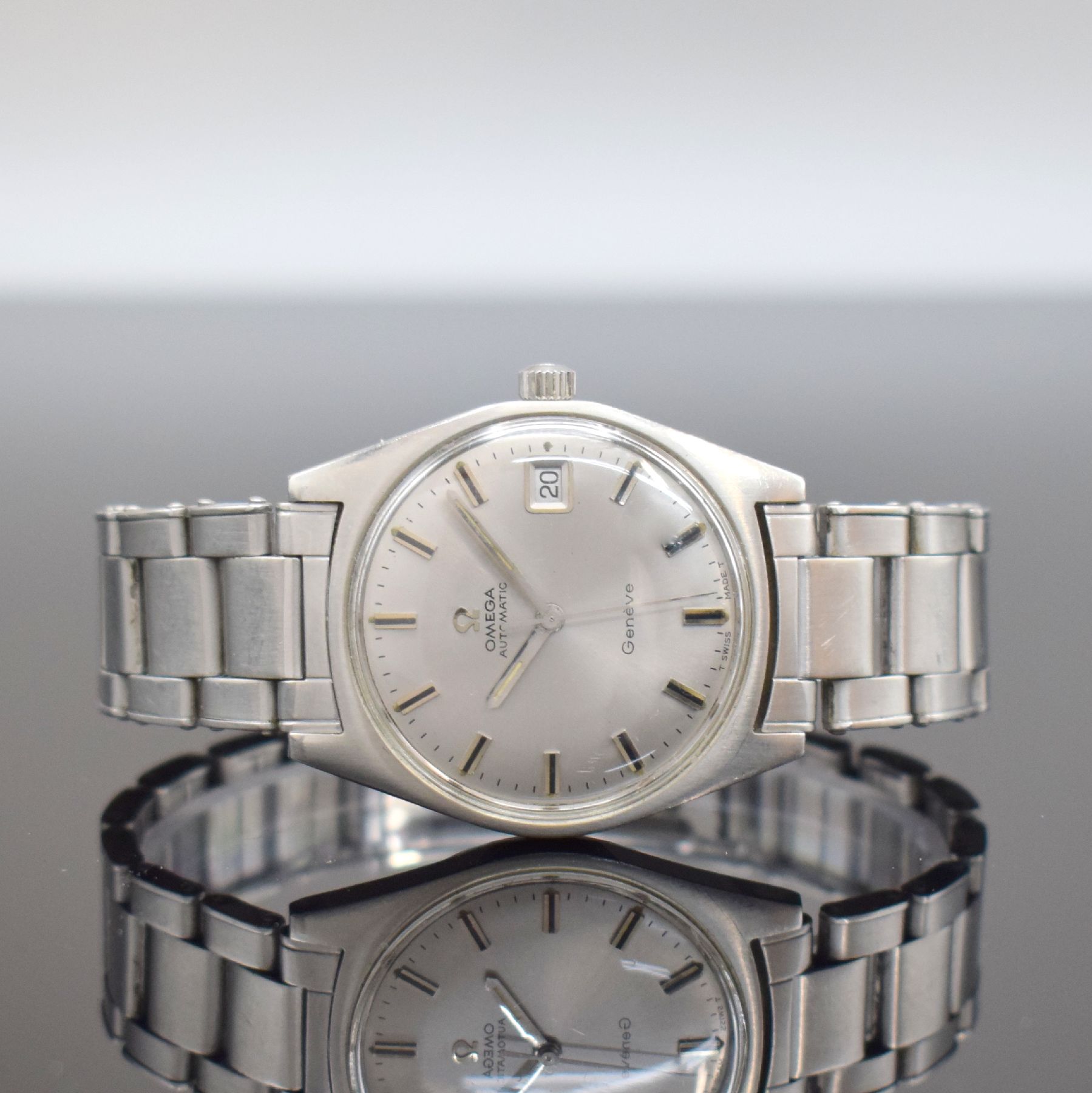 OMEGA Geneve Herrenarmbanduhr Referenz 166.041, Automatik, Schweiz um 1968, Edelstahlgeh. inkl. orig. Gliederband m. Faltschl. Ref. 1156/G, Boden ...
