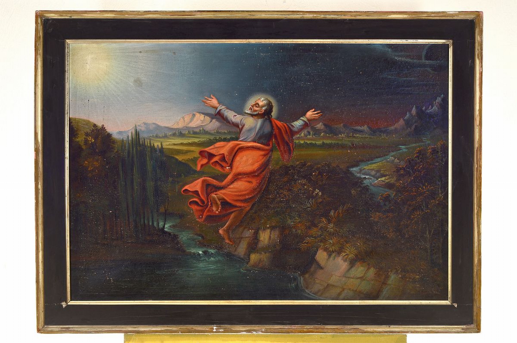 Detail k: Unbekannter Maler, deutsch, um 1760-1780, Die Schöpfung, Gottvater schwebend über der Landschaft mit Bergen, Fluss etc., am Himmel Sonne, Mond und ...
