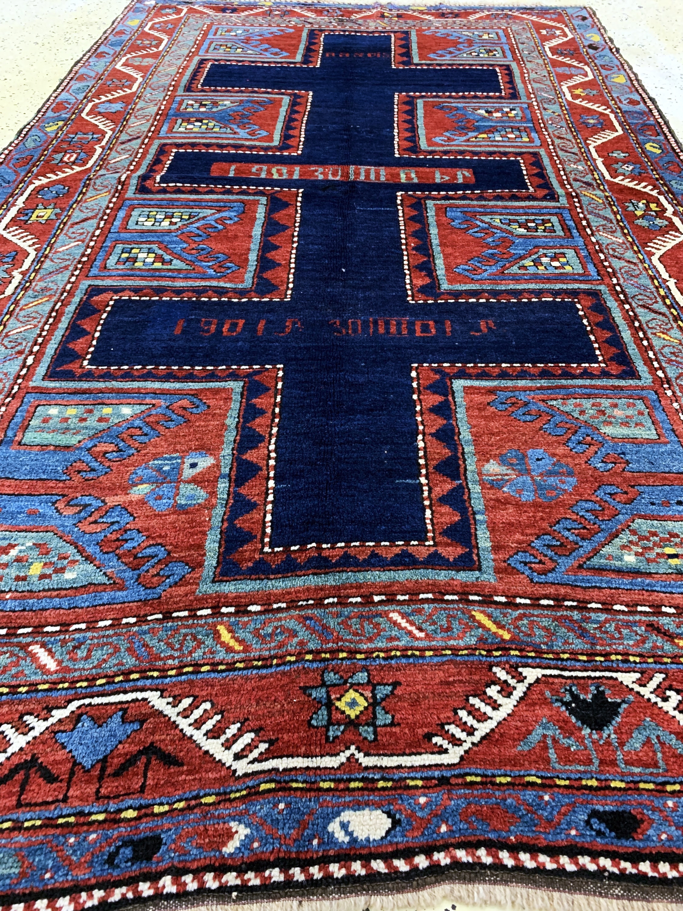 Detail f: Karachoph Kazak antik, Kaukasus, datiert 1901, Wolle auf Wolle, ca. 237 x 138 cm, EHZ: 2(restaurierte Tritfallte).