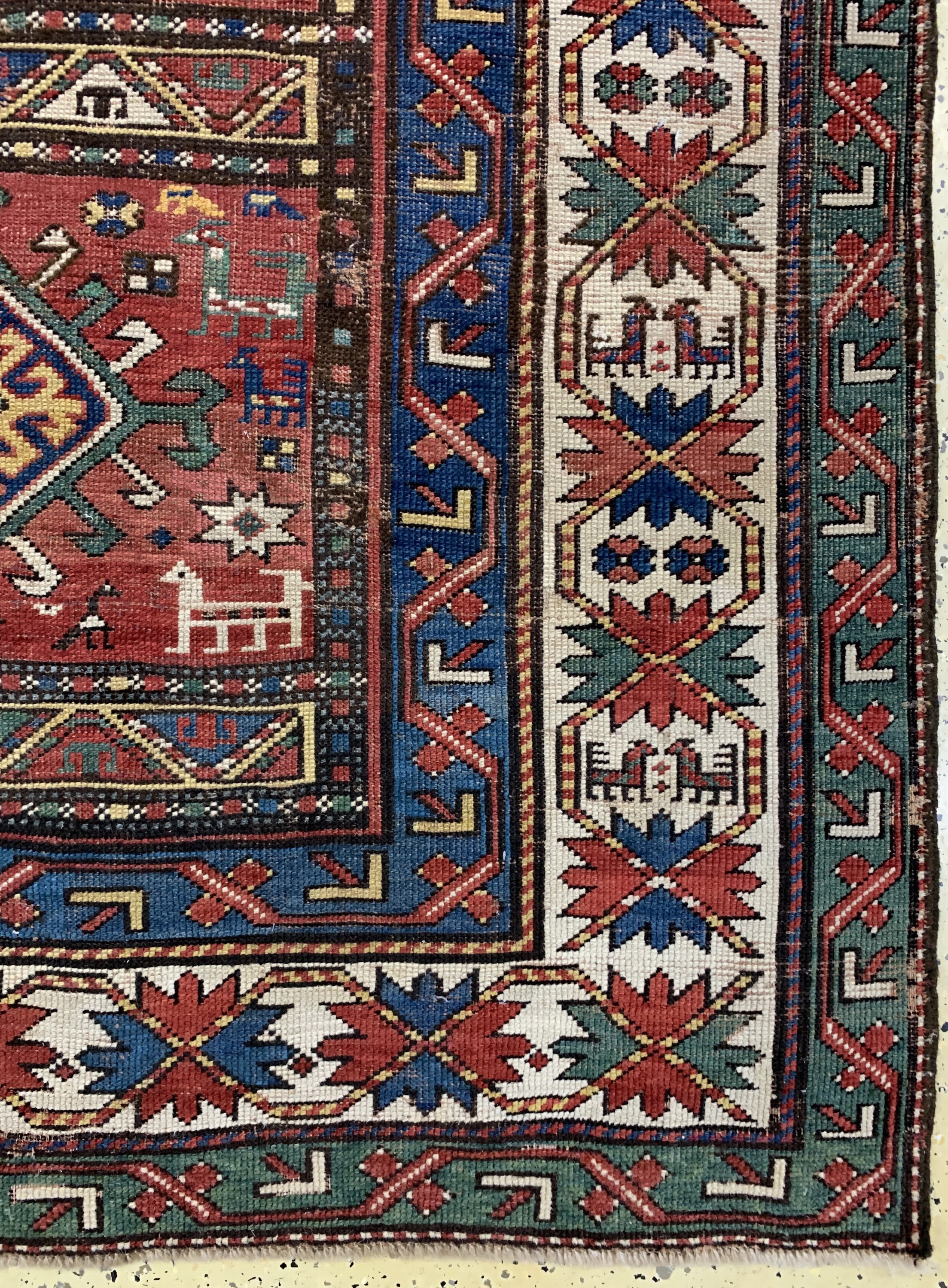 Detail a: Kasetten-Kazak antik, Kaukasus, 19.Jhd, Wolle auf Wolle, ca. 220 x 146 cm. siehe Battenberg Kaukasische Teppiche Band 1 Seite 134 Teppich 75, EHZ: ...