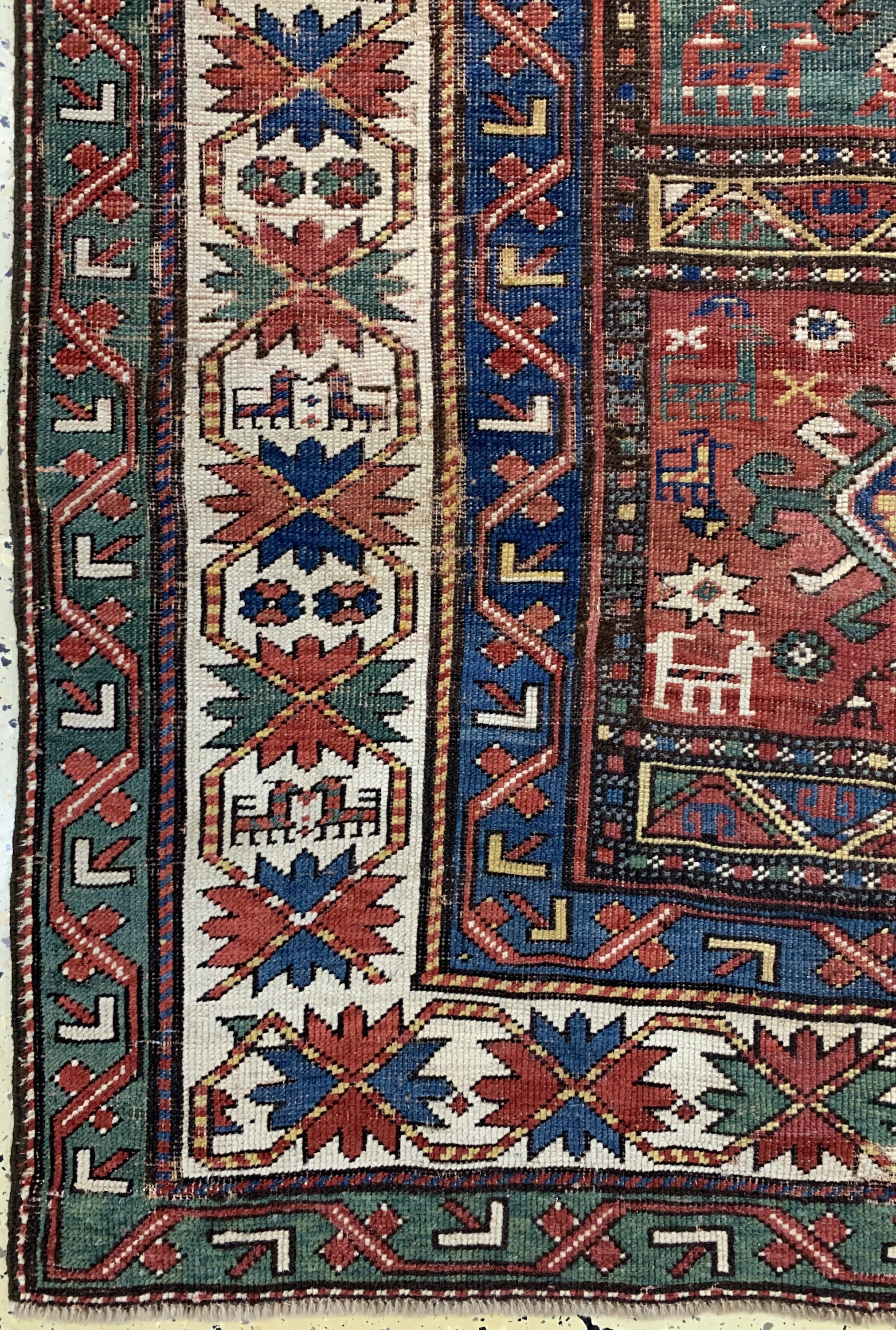 Detail b: Kasetten-Kazak antik, Kaukasus, 19.Jhd, Wolle auf Wolle, ca. 220 x 146 cm. siehe Battenberg Kaukasische Teppiche Band 1 Seite 134 Teppich 75, EHZ: ...