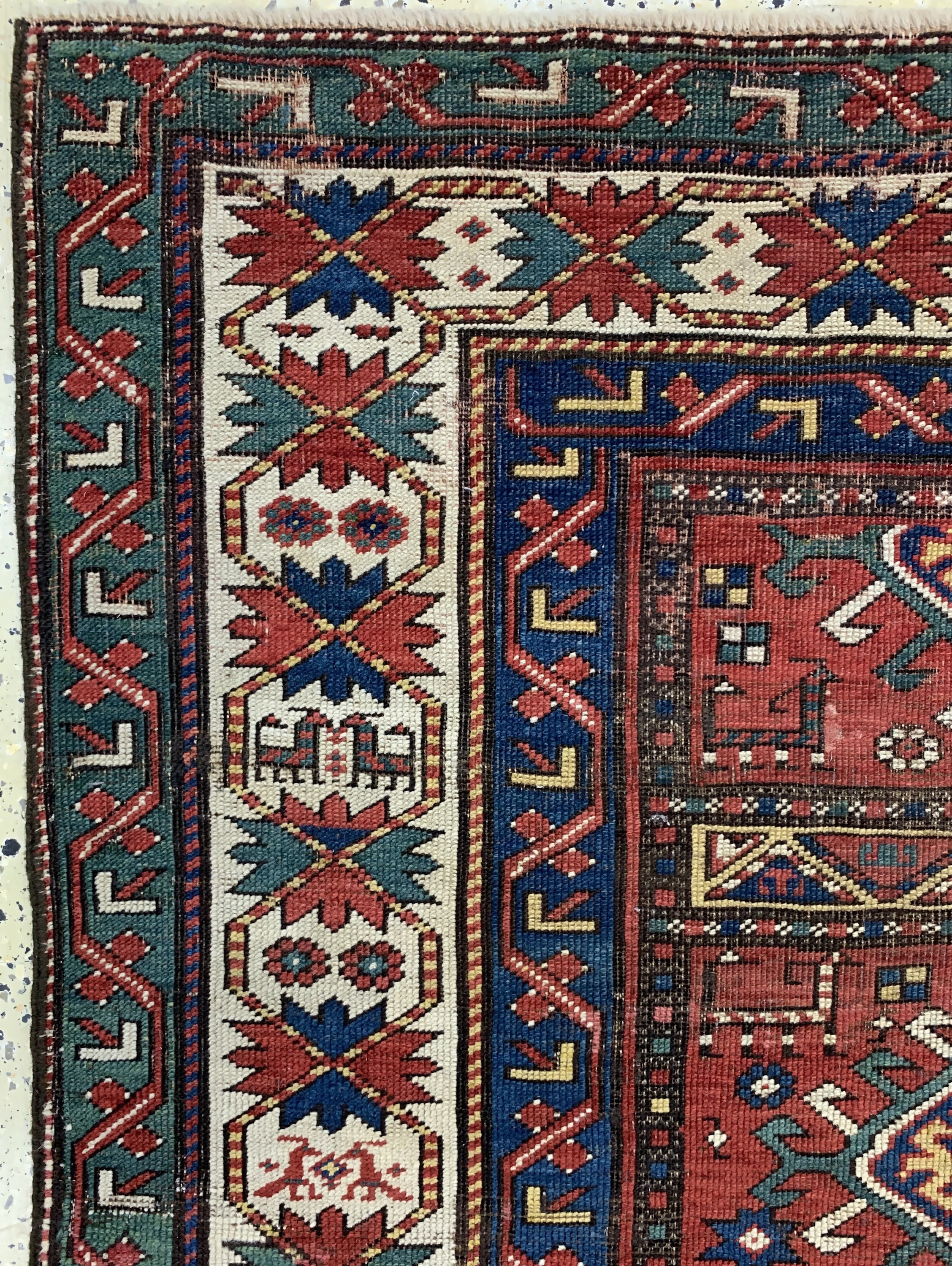 Detail d: Kasetten-Kazak antik, Kaukasus, 19.Jhd, Wolle auf Wolle, ca. 220 x 146 cm. siehe Battenberg Kaukasische Teppiche Band 1 Seite 134 Teppich 75, EHZ: ...