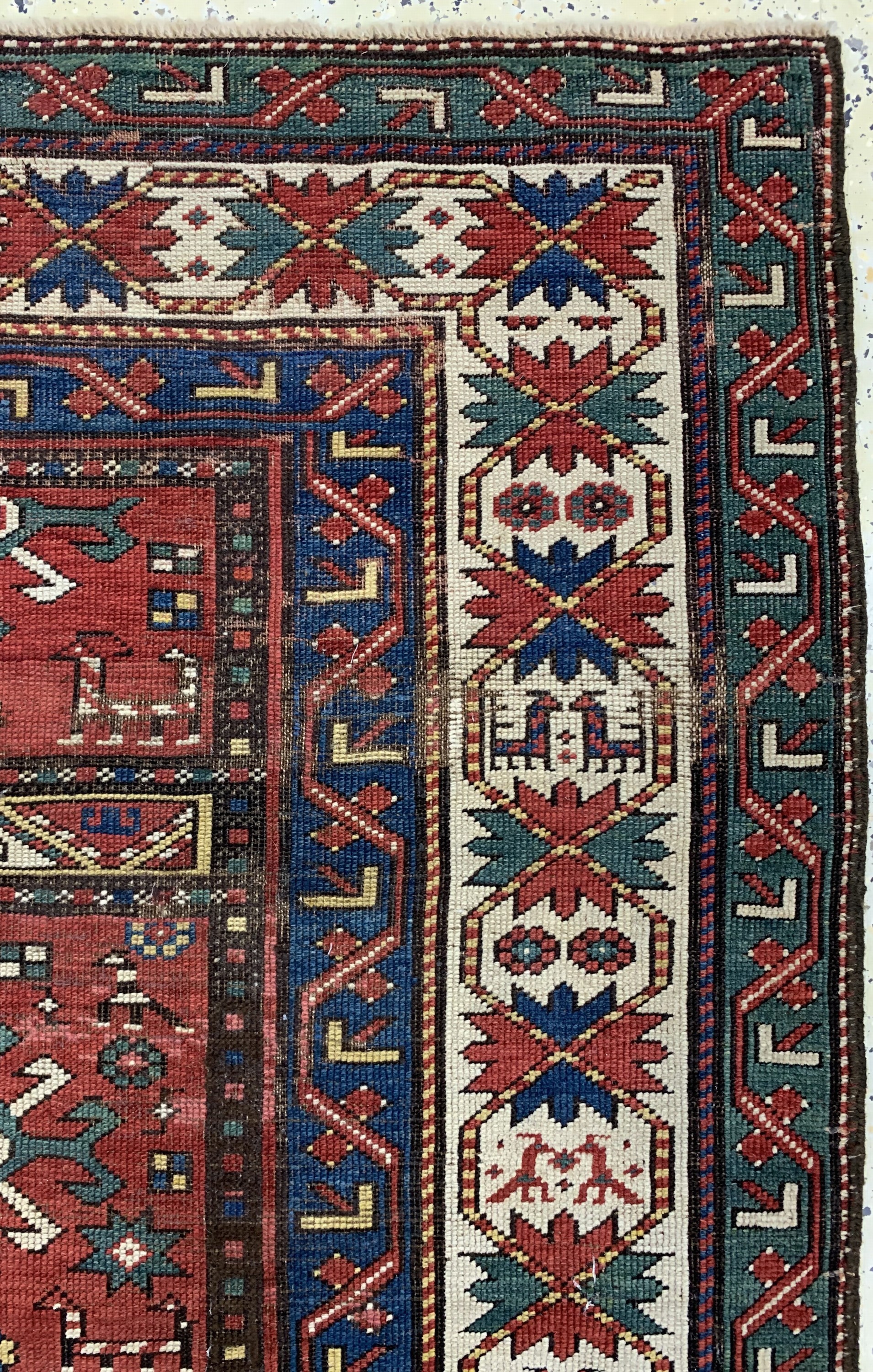 Detail e: Kasetten-Kazak antik, Kaukasus, 19.Jhd, Wolle auf Wolle, ca. 220 x 146 cm. siehe Battenberg Kaukasische Teppiche Band 1 Seite 134 Teppich 75, EHZ: ...