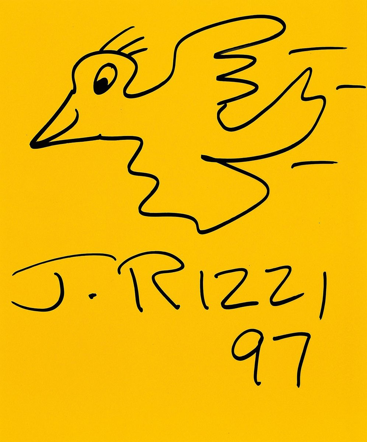 James Rizzi, 1950-2011, Bird, Filzstift auf gelbem Papier, signiert und dat. 97, ca. 24x20cm, PP, u.Gl., R. ca. 34x30cm