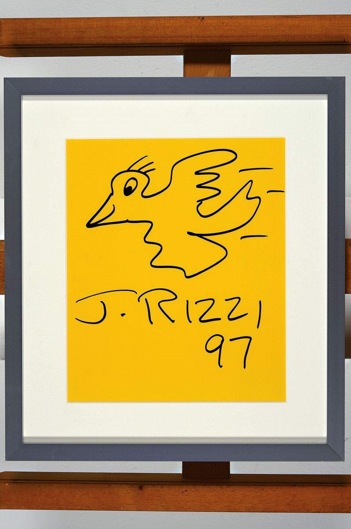 Detail k: James Rizzi, 1950-2011, Bird, Filzstift auf gelbem Papier, signiert und dat. 97, ca. 24x20cm, PP, u.Gl., R. ca. 34x30cm