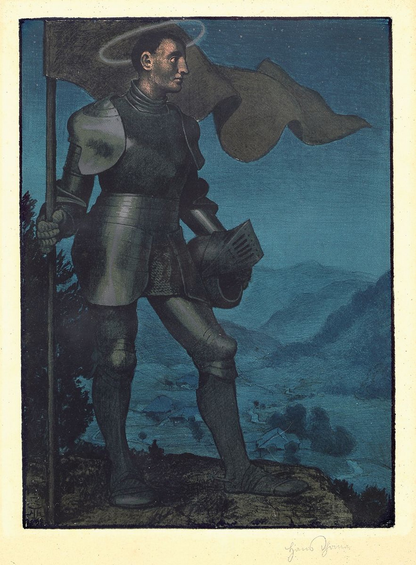 Detail c: Hans Thoma, 1839 Bernau - 1924 Karlsruhe, zwei Farblithographien, a. Hüter der Täler (1898), Aluminium gehöht, handsigniert, in der Platte ...
