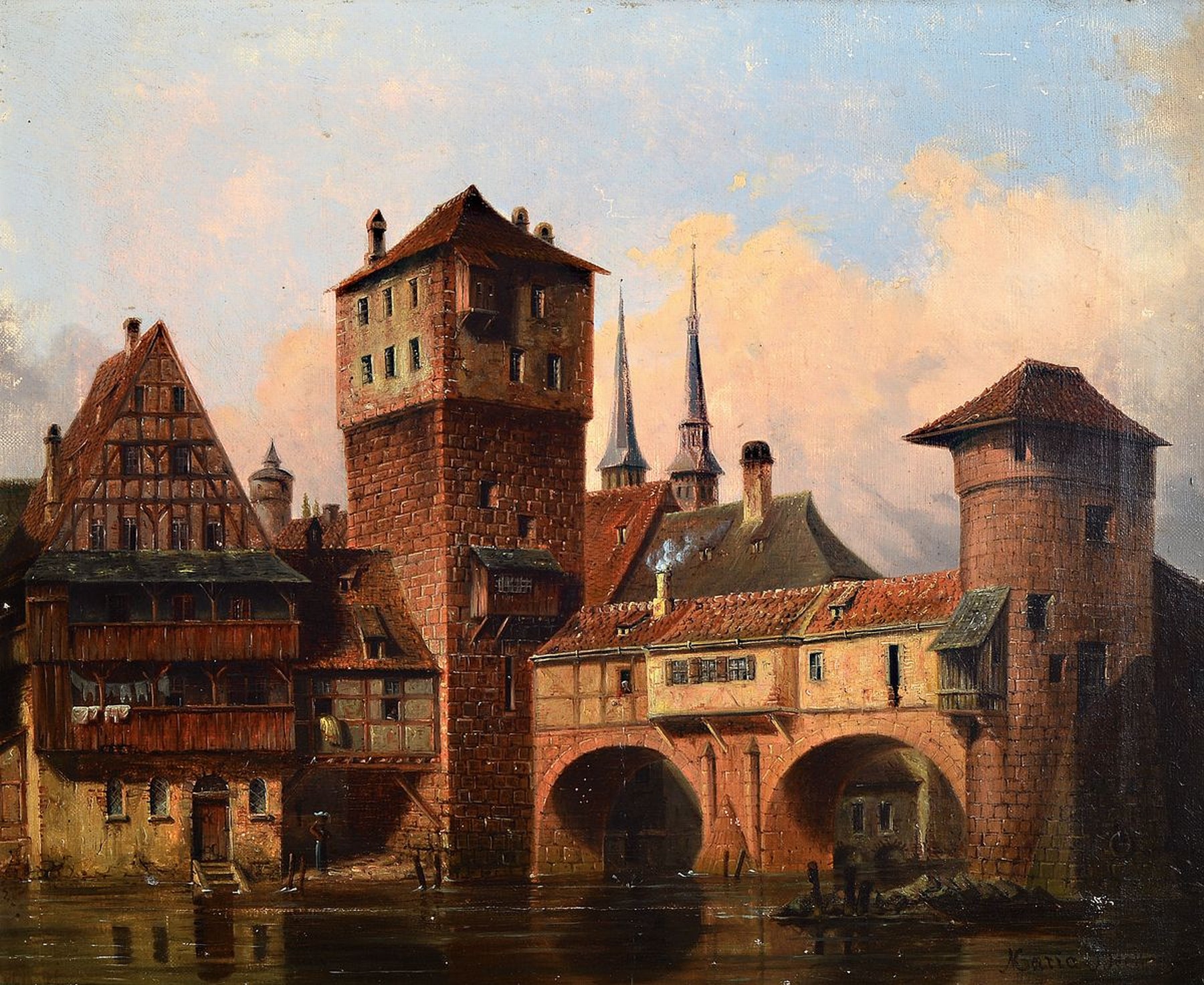 Maria Becker, Künstlerin des 19.Jh., zwei Ansichten der Nürnberger Altstadt, a. wohl stilisierte Ansicht der Nürnberger Altstadt mit Turm und Tor ...