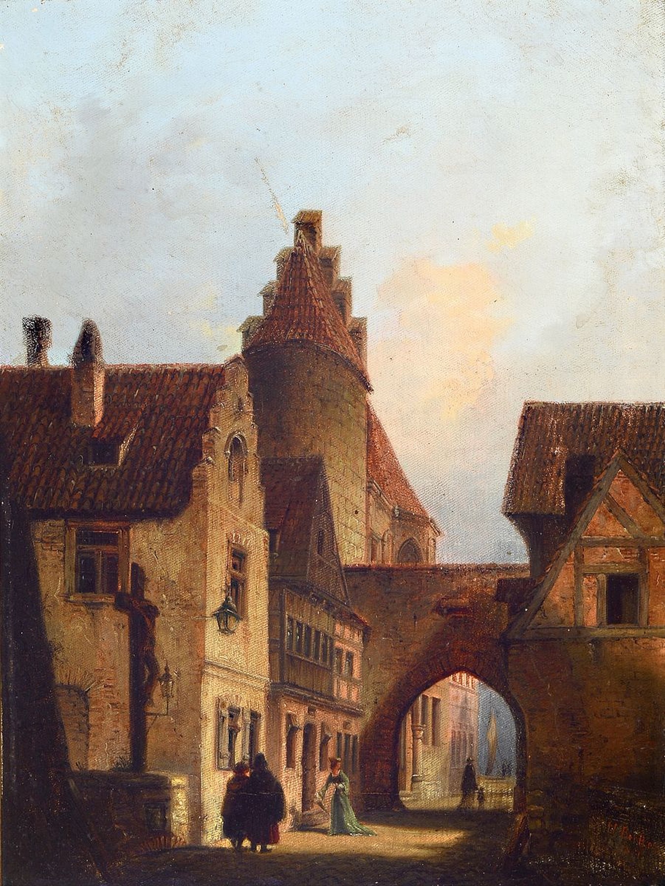 Detail a: Maria Becker, Künstlerin des 19.Jh., zwei Ansichten der Nürnberger Altstadt, a. wohl stilisierte Ansicht der Nürnberger Altstadt mit Turm und Tor ...