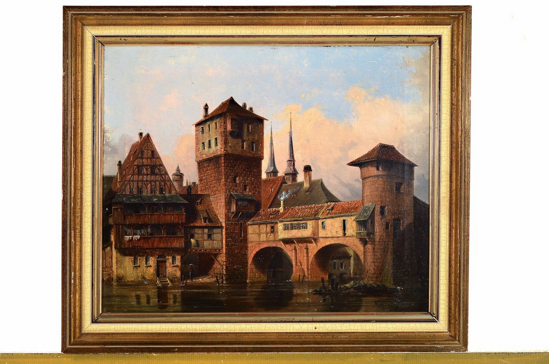Detail k: Maria Becker, Künstlerin des 19.Jh., zwei Ansichten der Nürnberger Altstadt, a. wohl stilisierte Ansicht der Nürnberger Altstadt mit Turm und Tor ...