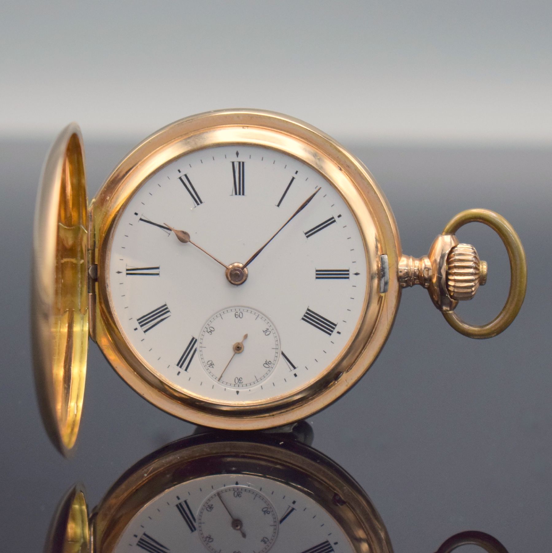 IWC Werk Kaliber 53 Herrensavonette in Longines 3 Deckel-Goldgehäuse in RG 585/000, Schweiz um 1900, Geh. dell., Sprung- & Rückdeckel guill., ...