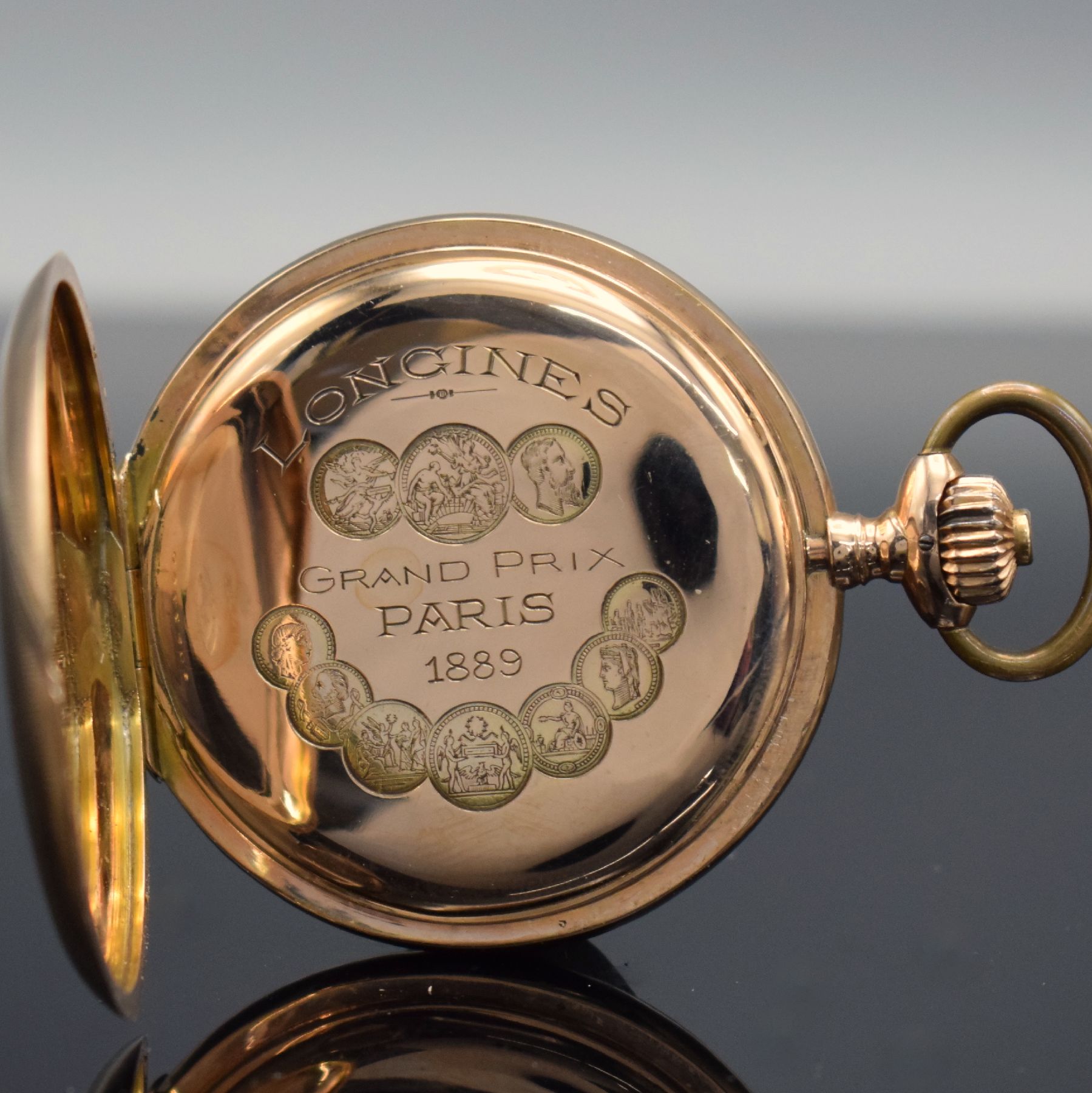 Detail d: IWC Werk Kaliber 53 Herrensavonette in Longines 3 Deckel-Goldgehäuse in RG 585/000, Schweiz um 1900, Geh. dell., Sprung- & Rückdeckel guill., ...