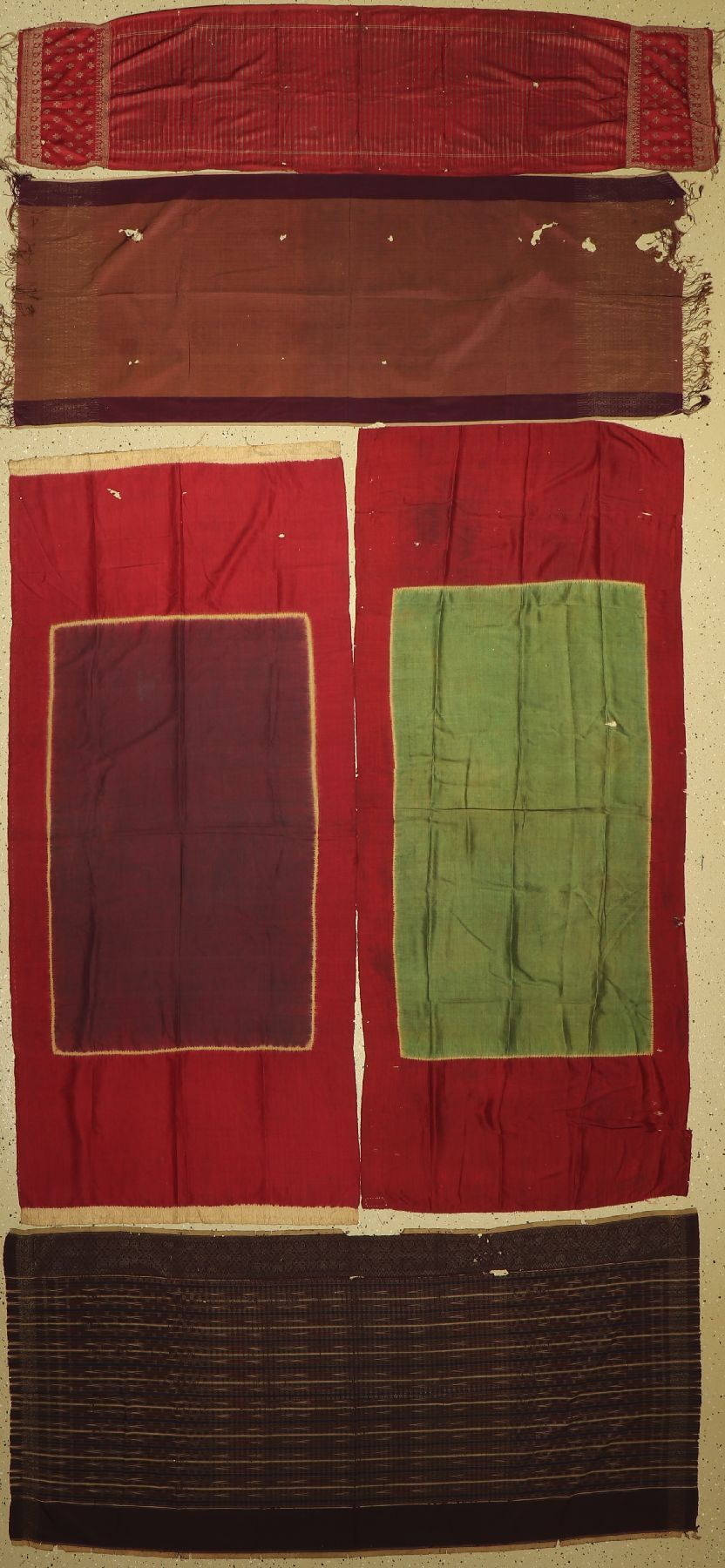 5 lots Seiden-Schal, Sumatra, Indonesien, um 1930, Seide handgewebt, broschiert, ca. 185x 80 cm, (Löcher, Flecken, Reparaturen)