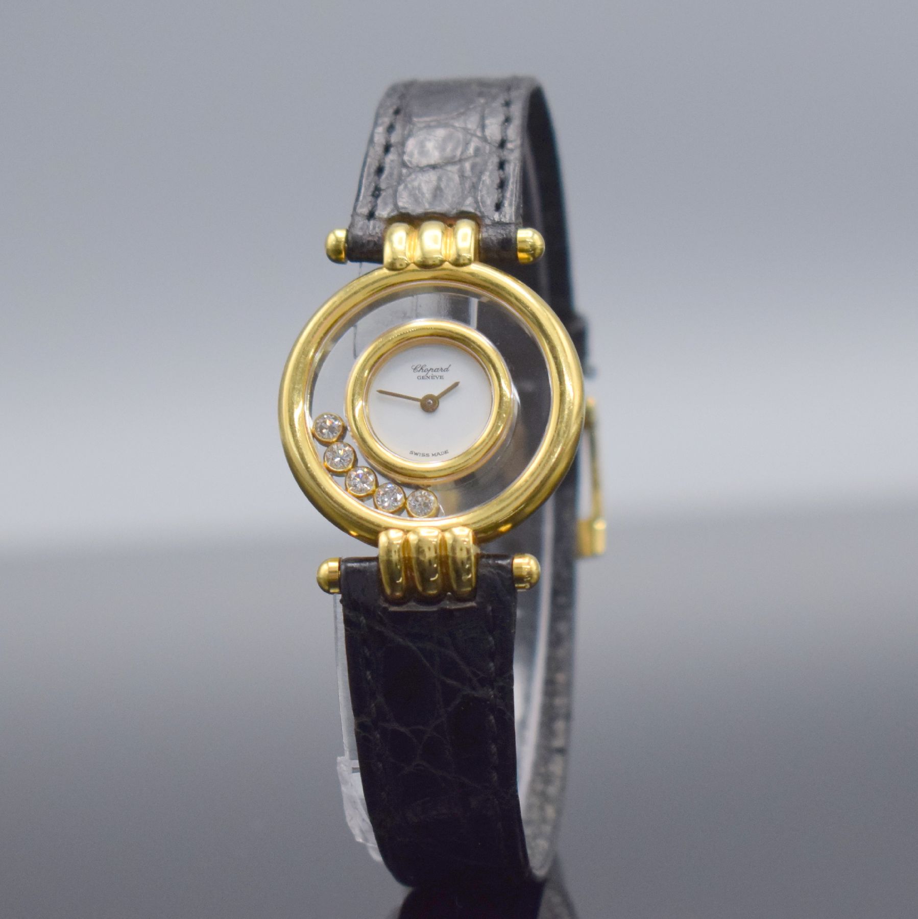 Detail b: CHOPARD Damenarmbanduhr Happy Diamonds in GG 750/000 Referenz 4105, quarz, orig. Lederband m. orig verg. Dornschl., beids. vergl., 5 bewegl. ...