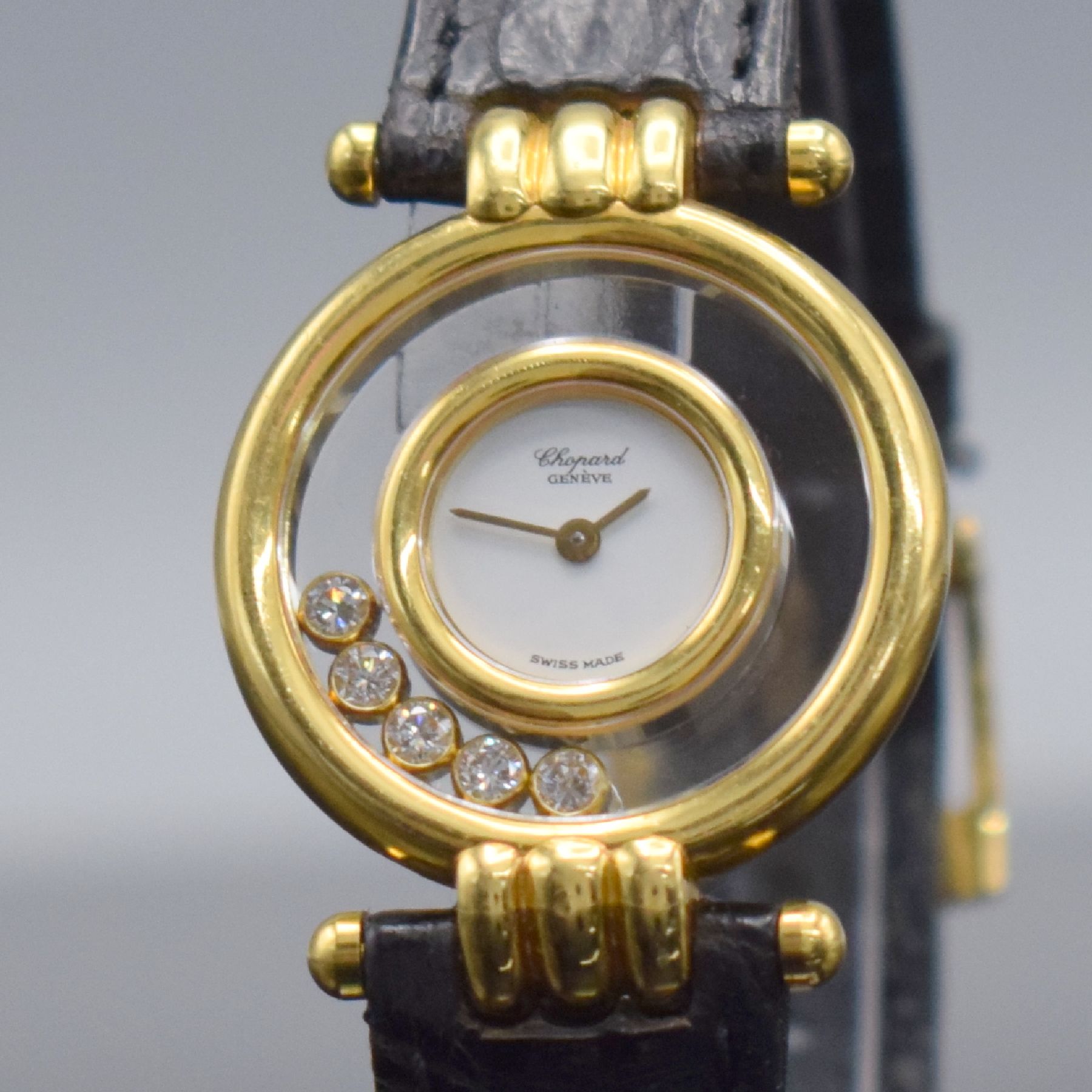 Detail c: CHOPARD Damenarmbanduhr Happy Diamonds in GG 750/000 Referenz 4105, quarz, orig. Lederband m. orig verg. Dornschl., beids. vergl., 5 bewegl. ...