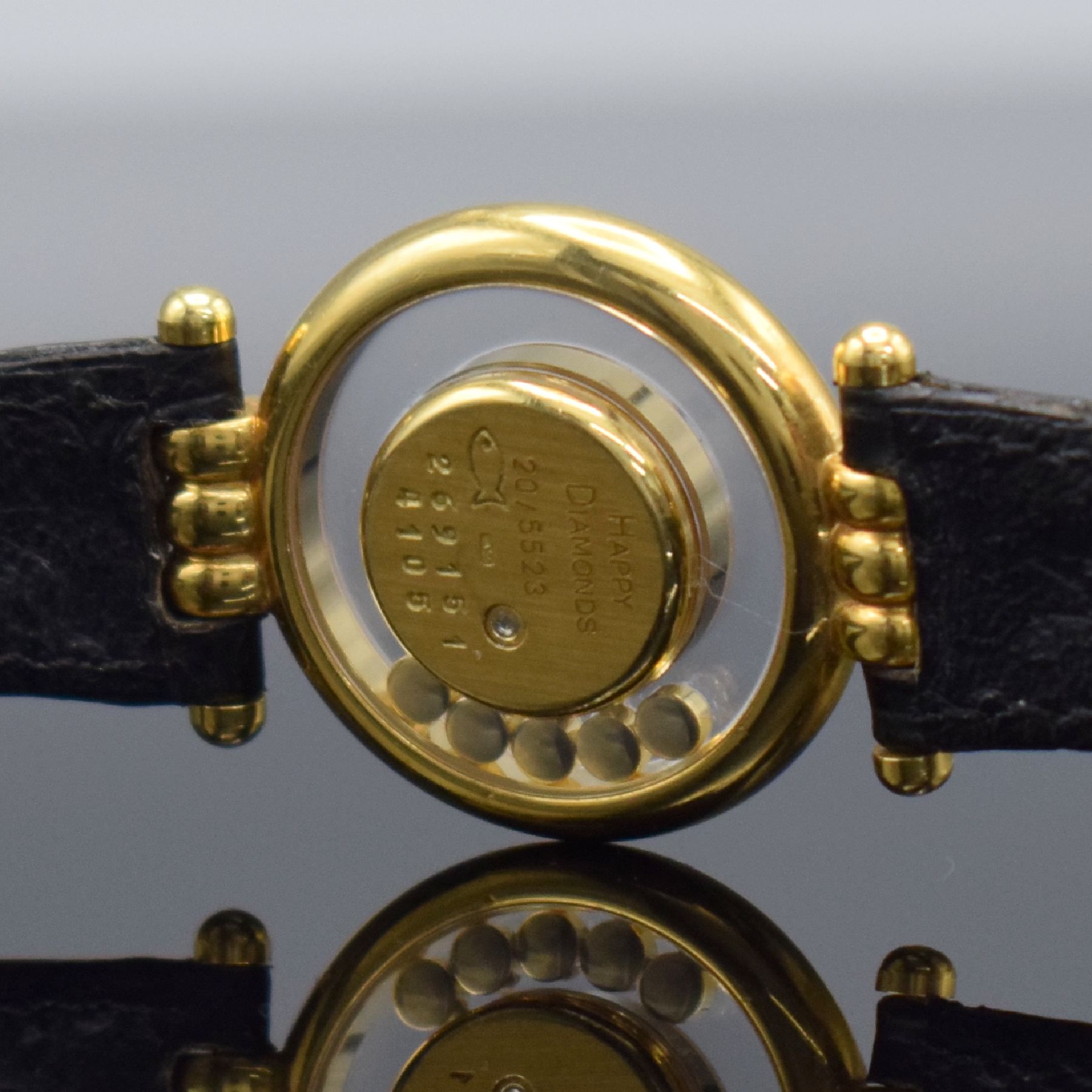 Detail f: CHOPARD Damenarmbanduhr Happy Diamonds in GG 750/000 Referenz 4105, quarz, orig. Lederband m. orig verg. Dornschl., beids. vergl., 5 bewegl. ...
