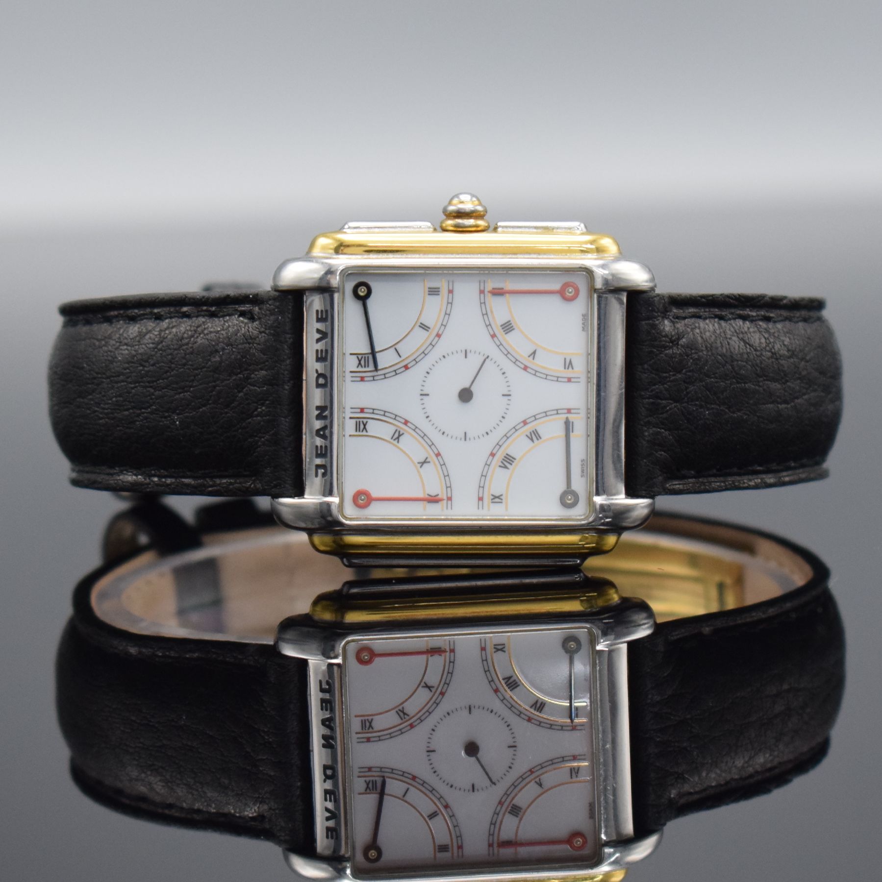 JEAN D'EVE Collection Quarta Armbanduhr in Stahl/Gold, Schweiz um 1990, quarz, Ref. 09.24.65, Boden 4-fach verschr., weißes Zifferbl., 4 ...