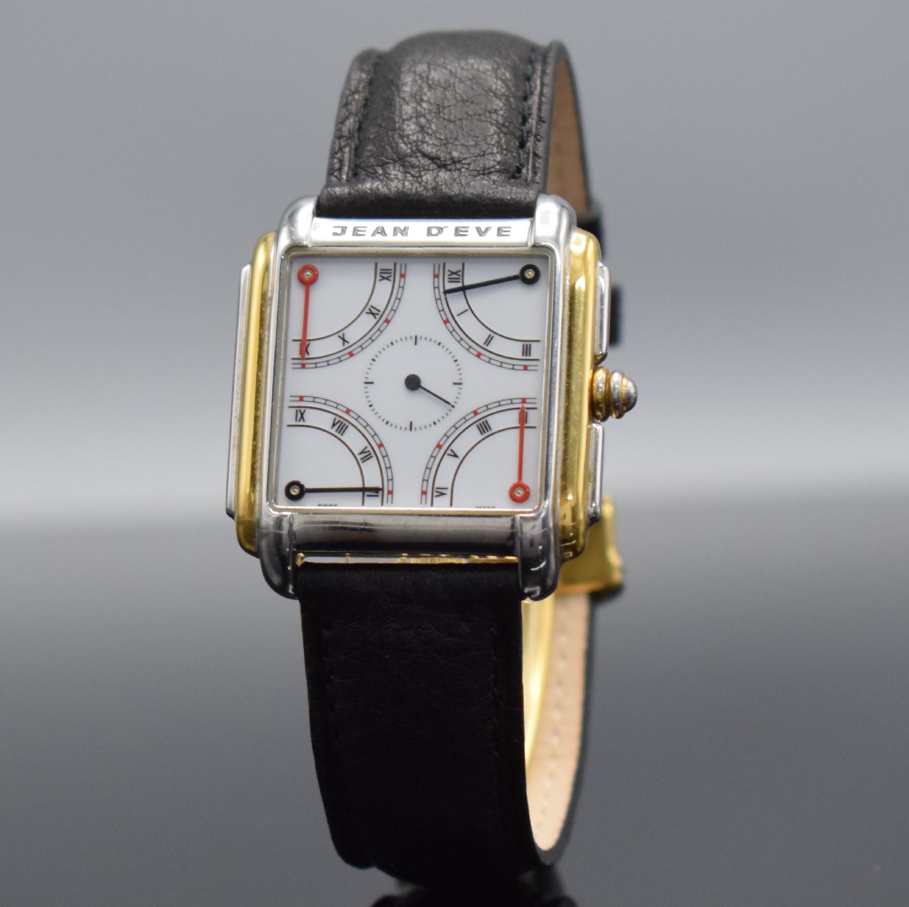 Detail b: JEAN D'EVE Collection Quarta Armbanduhr in Stahl/Gold, Schweiz um 1990, quarz, Ref. 09.24.65, Boden 4-fach verschr., weißes Zifferbl., 4 ...