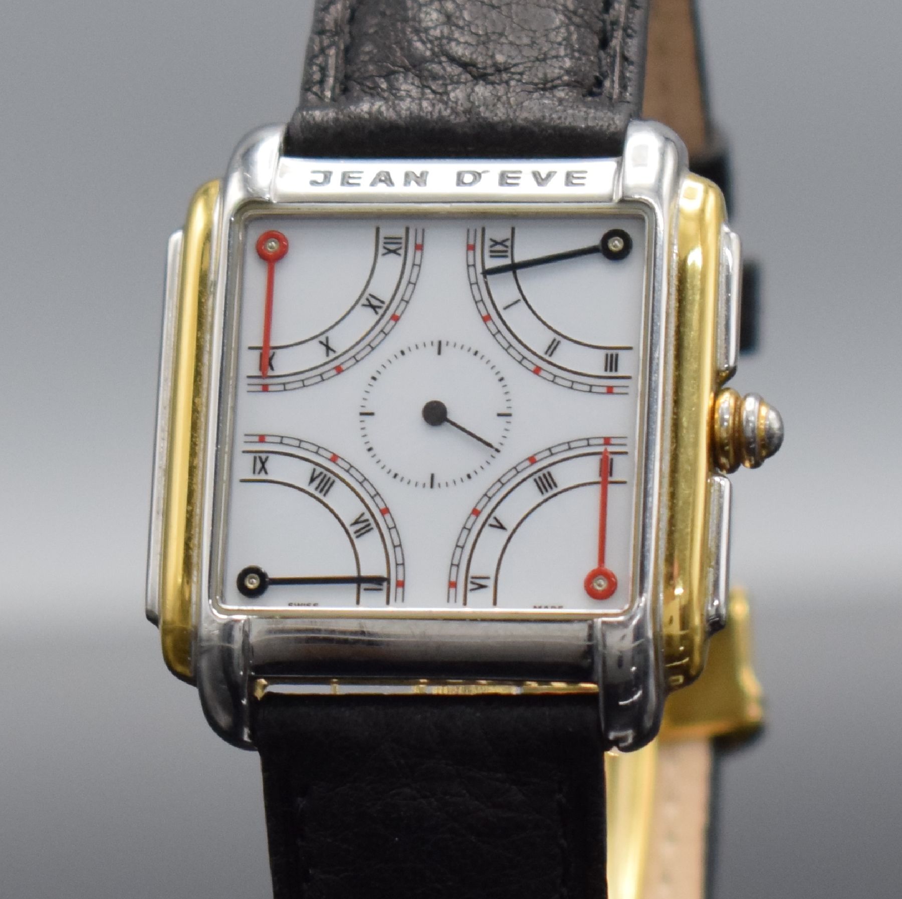 Detail c: JEAN D'EVE Collection Quarta Armbanduhr in Stahl/Gold, Schweiz um 1990, quarz, Ref. 09.24.65, Boden 4-fach verschr., weißes Zifferbl., 4 ...