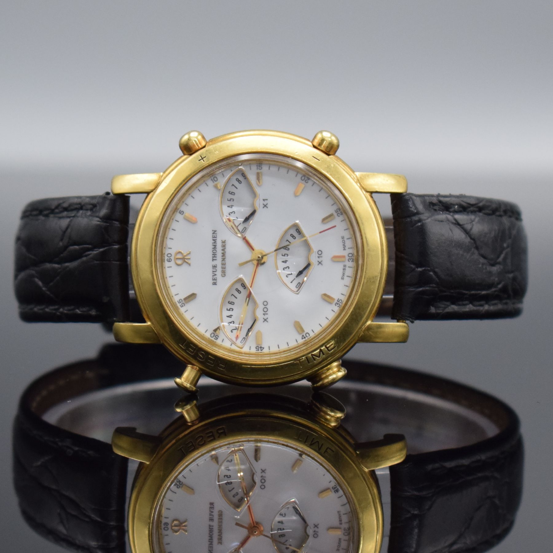 REVUE THOMMEN Greenmark limitierte Herrenarmbanduhr mit Golfzähler in GG 750/000, Schweiz um 1990, Automatik, auf 300 Stück limitiertes ...