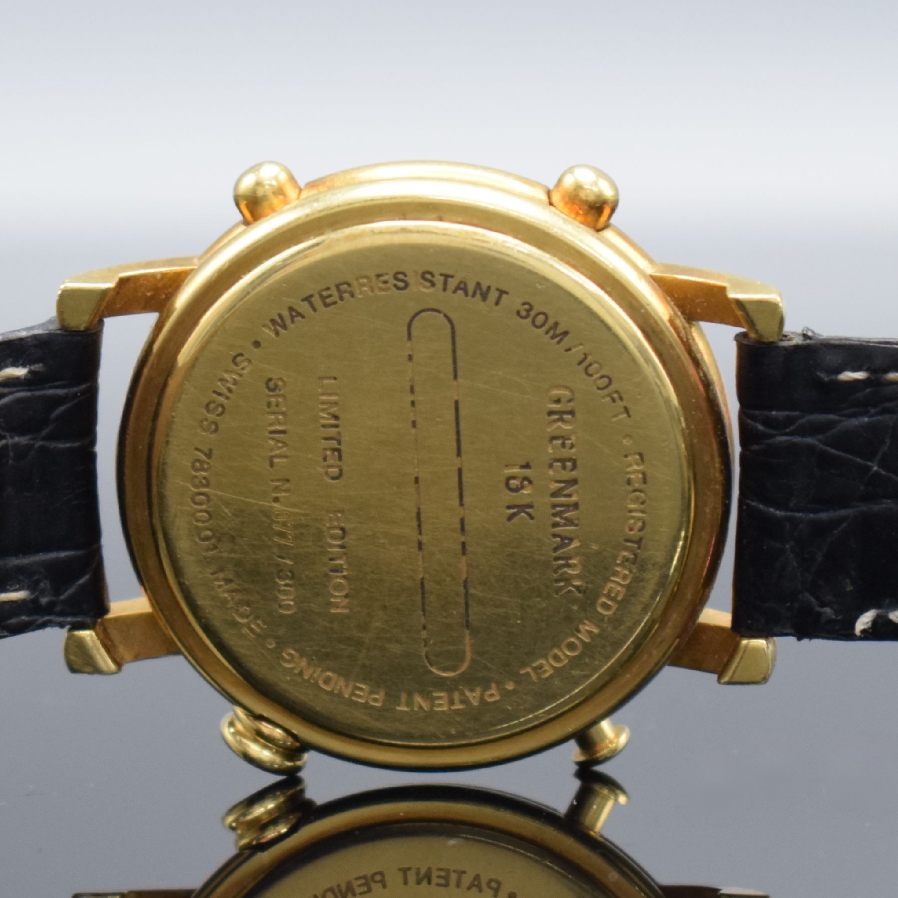 Detail e: REVUE THOMMEN Greenmark limitierte Herrenarmbanduhr mit Golfzähler in GG 750/000, Schweiz um 1990, Automatik, auf 300 Stück limitiertes ...