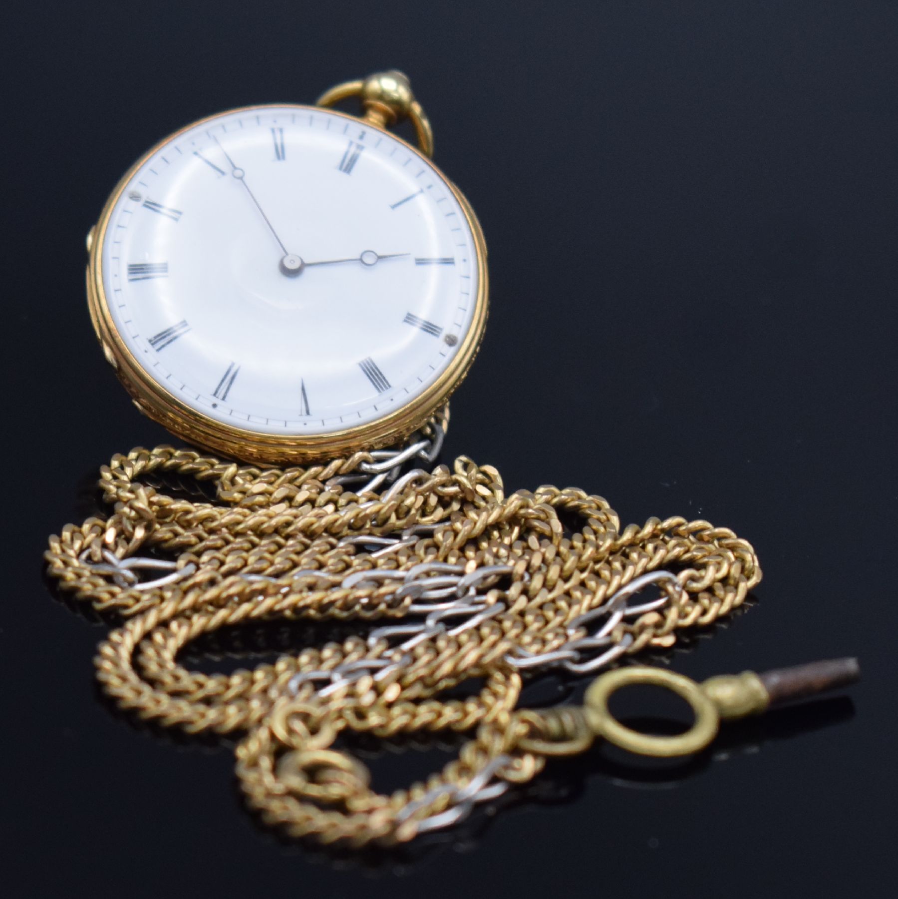 Detail c: PATEK & Cie offene Damentaschenuhr in GG 750/000, Schweiz um 1880, Kette in GG/WG 333/000 später, 2-Deckel-Goldgeh., Rückseite & Rand floral grav., ...