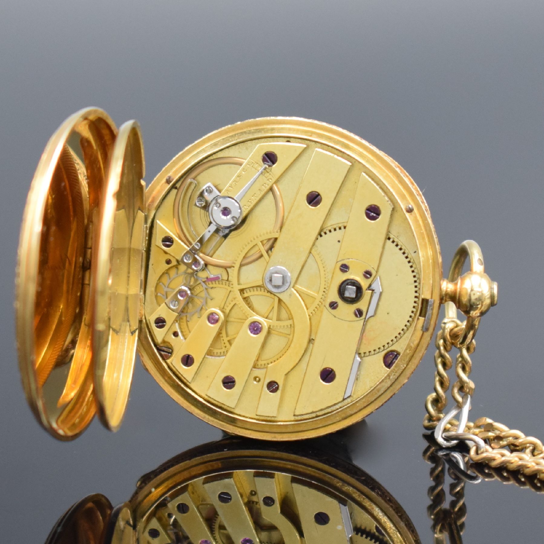 Detail g: PATEK & Cie offene Damentaschenuhr in GG 750/000, Schweiz um 1880, Kette in GG/WG 333/000 später, 2-Deckel-Goldgeh., Rückseite & Rand floral grav., ...