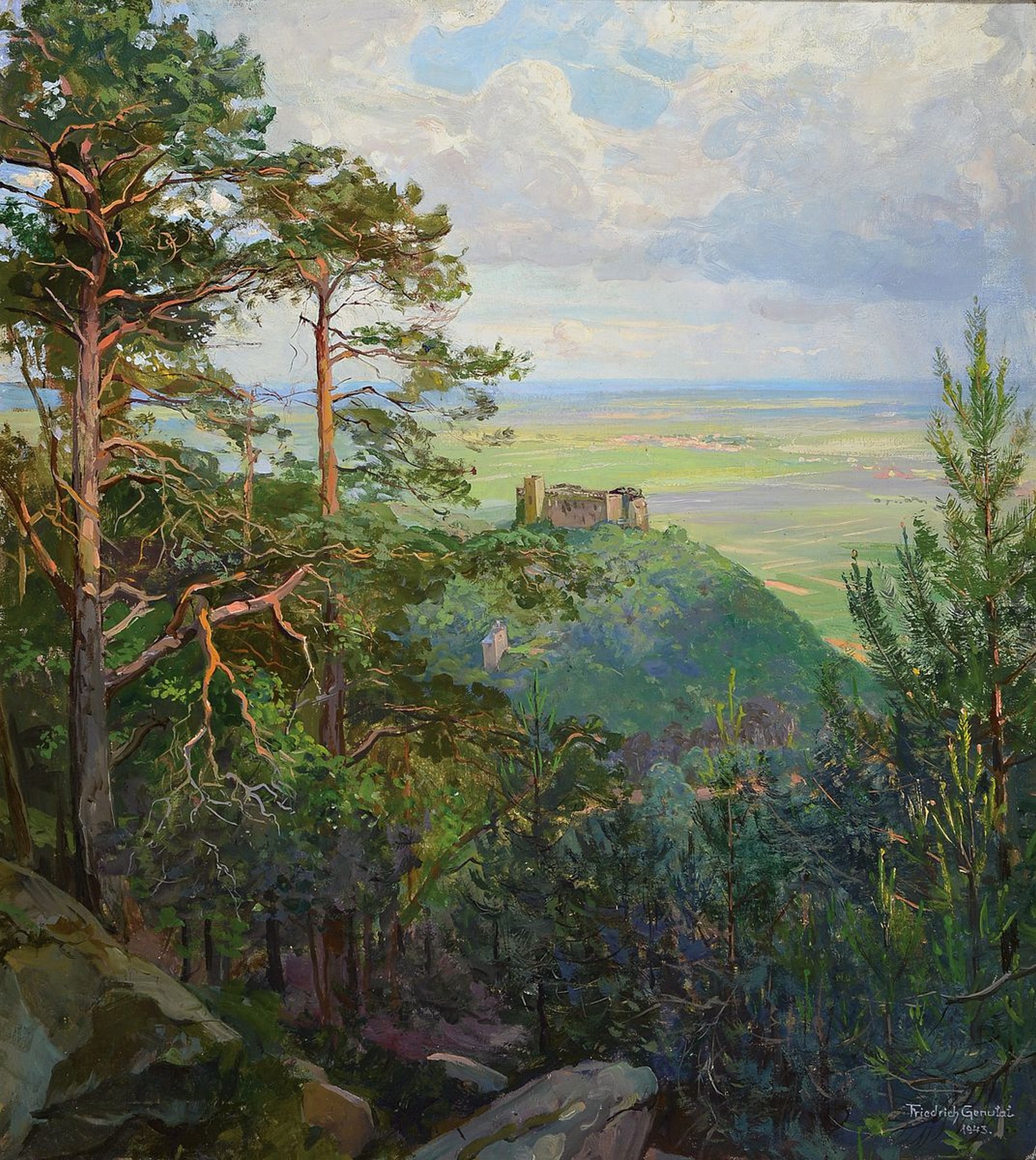 Friedrich Genutat, 1876-1958, Blick auf das Hambacher Schloß, Öl/Lwd, rechts unten signiert und dat. 1943, ca. 75x68cm, R. ca. 88x79cm