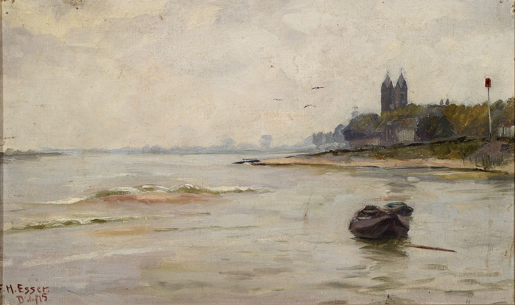 F. Heinz Eßer, geb. 1892 Düsseldorf, Fischerboot auf dem Rhein, Öl/Hartfaser, signiert, ca. 32x52cm, R. ca. 38x59cm