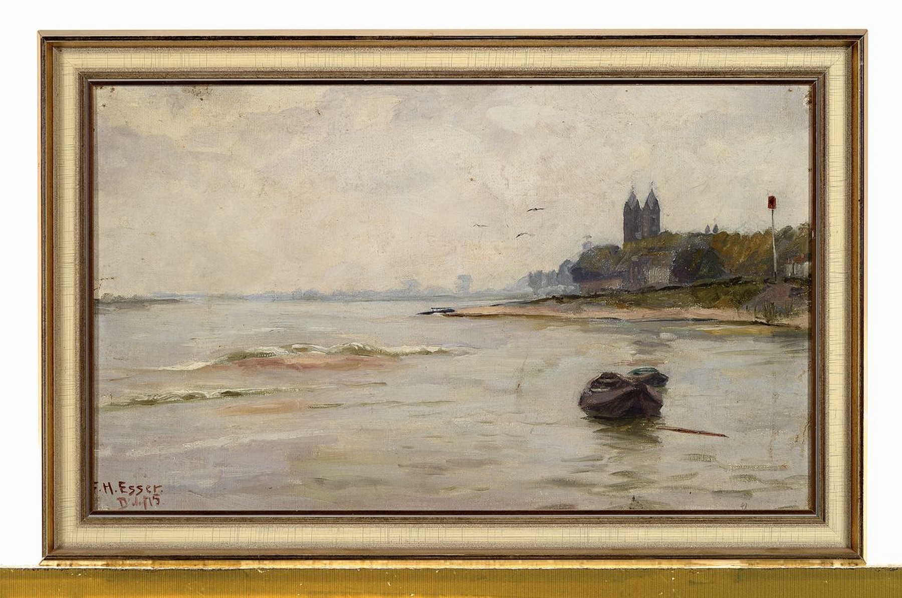 Detail k: F. Heinz Eßer, geb. 1892 Düsseldorf, Fischerboot auf dem Rhein, Öl/Hartfaser, signiert, ca. 32x52cm, R. ca. 38x59cm