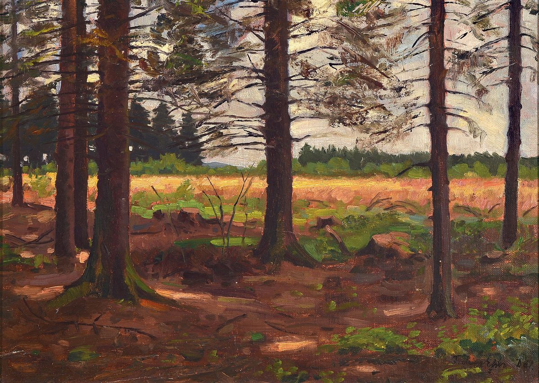 F. Heinz Eßer, geb. 1892 Düsseldorf, Blick aus dem Wald auf ein Feld, Öl/Hartfaser, rechts unten signiert, ca. 32x45cm, R. ca. 41x53cm