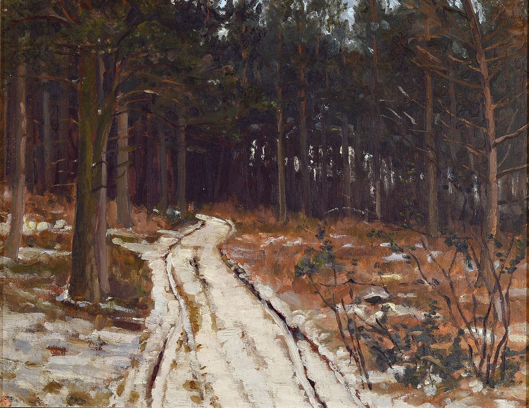 F. Heinz Eßer, geb. 1892 Düsseldorf, Schnee auf dem Waldweg, Öl/Hartfaser, signiert, ca. 36x46cm, R. ca. 45x55cm