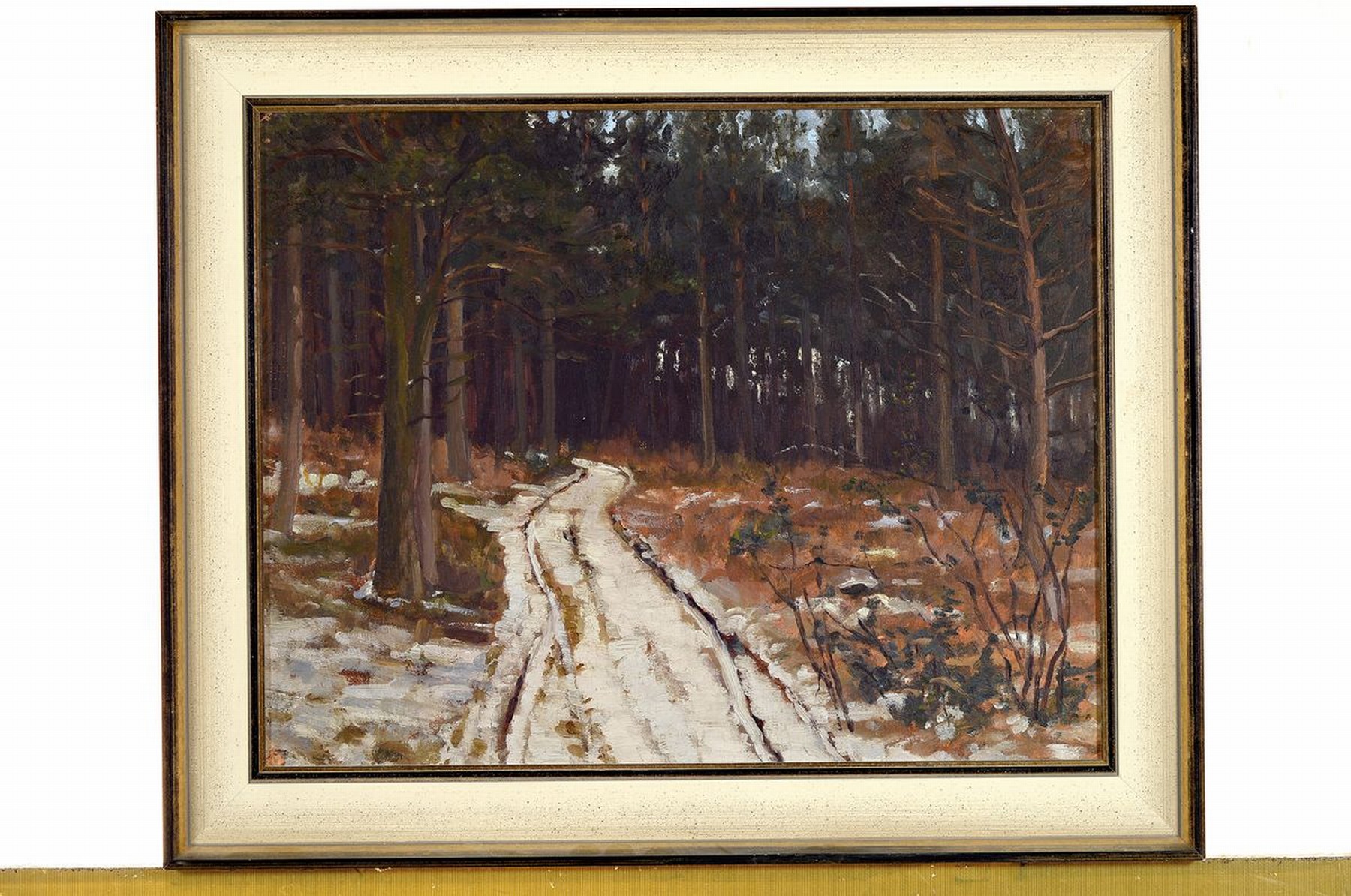 Detail k: F. Heinz Eßer, geb. 1892 Düsseldorf, Schnee auf dem Waldweg, Öl/Hartfaser, signiert, ca. 36x46cm, R. ca. 45x55cm