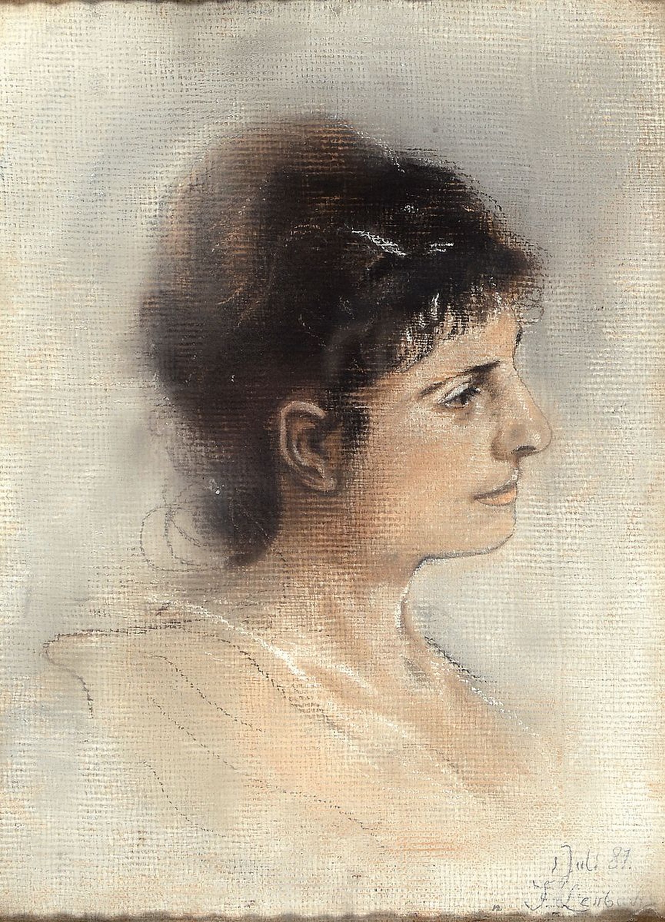 Franz von Lenbach 1836 Schrobenhausen - 1904 München, Porträt einer jungen Frau im Profil, Kohle- und Pastellzeichnung auf Papier, re. unten ...