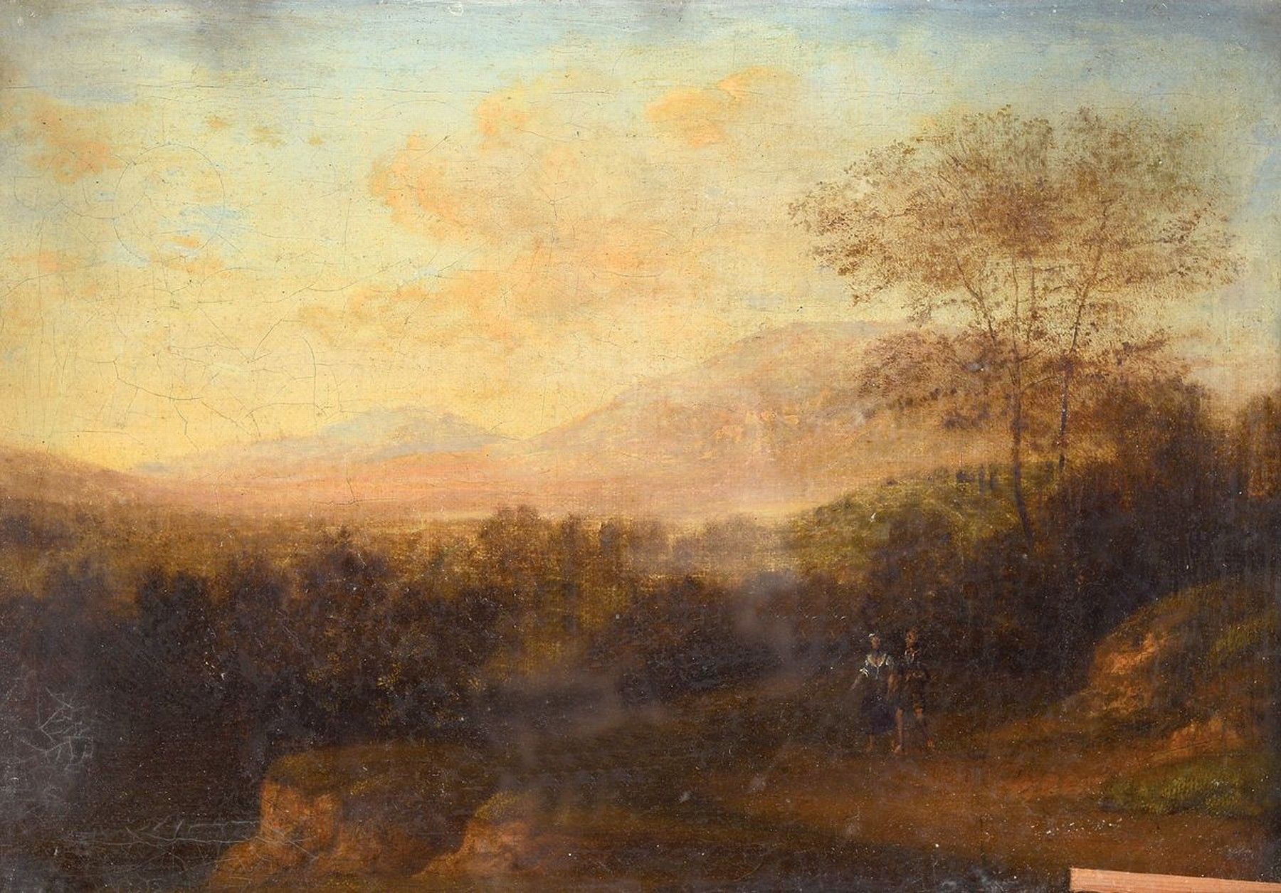 Zuschreibung: Herman van Swanevelt, um 1603 Woerden - um 1655 Paris, bukolische Hügellandschaft mit zwei Personen, Öl/Lwd, beschnitten und ...