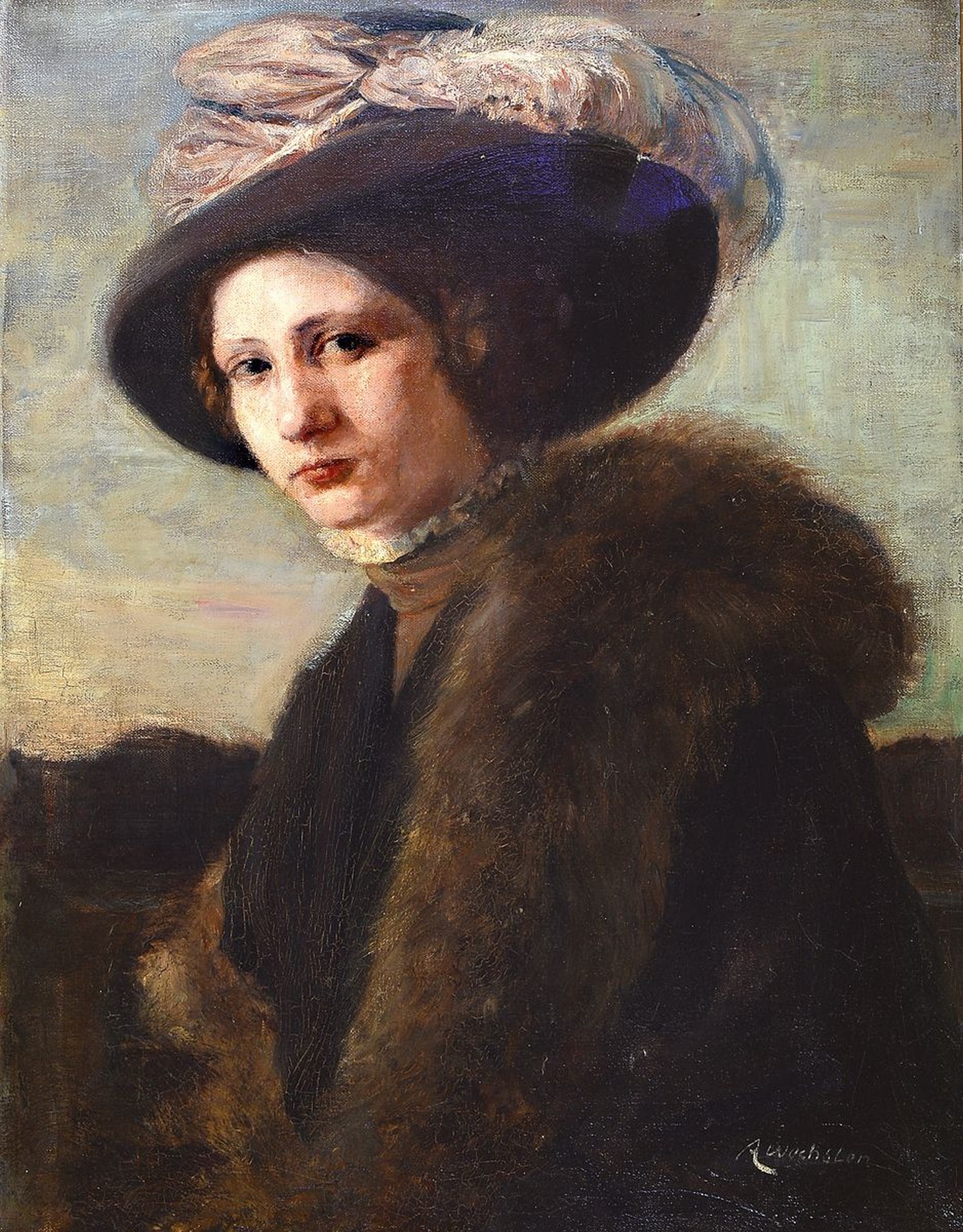 A. Wechsler, Münchener Schule, um 1900, Porträt einer jungen Frau mit Hut, Öl/Lwd, rechts unten signiert, Druckstelle, ca. 75 x 60 cm, Prunkrahmen ...