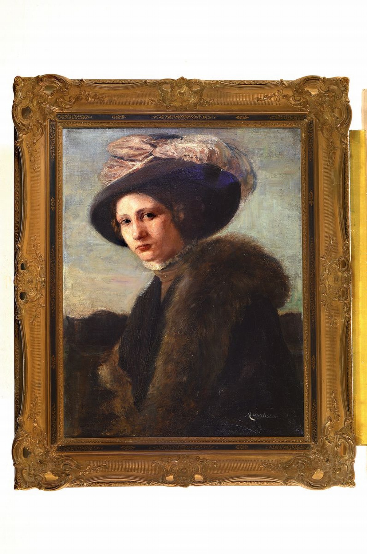 Detail k: A. Wechsler, Münchener Schule, um 1900, Porträt einer jungen Frau mit Hut, Öl/Lwd, rechts unten signiert, Druckstelle, ca. 75 x 60 cm, Prunkrahmen ...