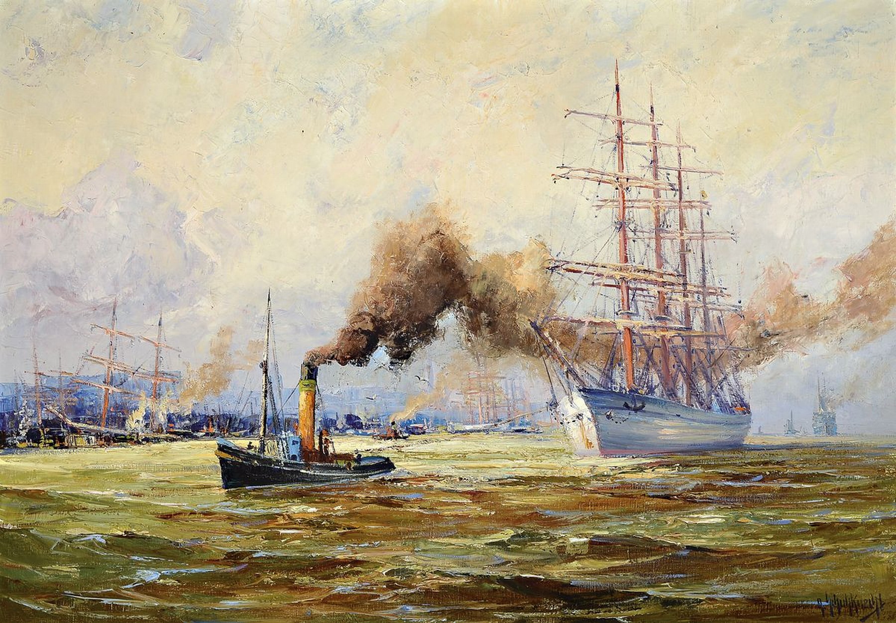 Adolf Schuhknecht, 1889 - 1963 Rotenburg, Dampfschlepper zieht 4-Master in den Hafen, pastoser Farbauftrag, rechts unten signiert, verso betitelt ...