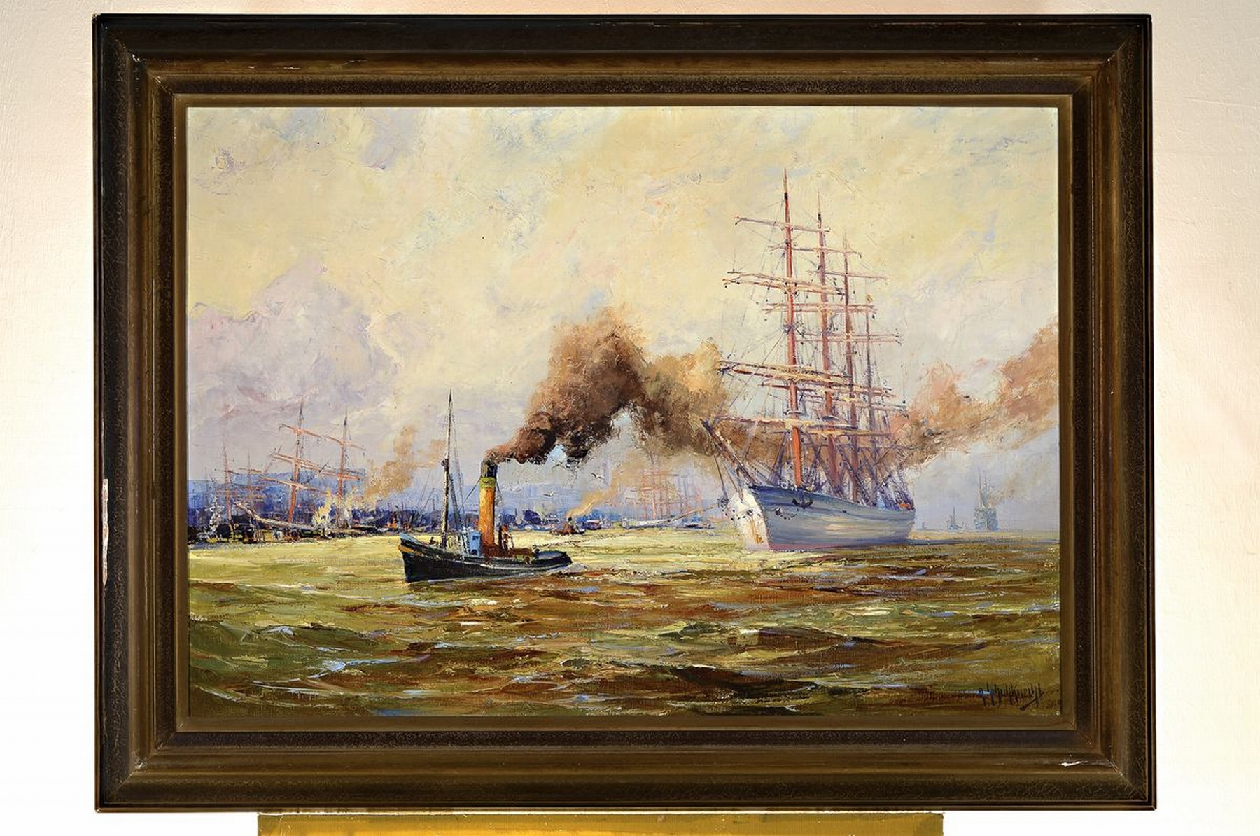 Detail k: Adolf Schuhknecht, 1889 - 1963 Rotenburg, Dampfschlepper zieht 4-Master in den Hafen, pastoser Farbauftrag, rechts unten signiert, verso betitelt ...