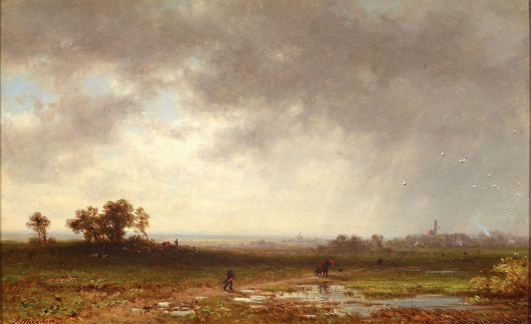 Ludwig Meixner, 1828 München - 1885 ebenda, Landschaftsmaler u. Schüler von Bernhard Stange, weite ebene Landschaft, verzeitlichte Wiedergabe eines ...